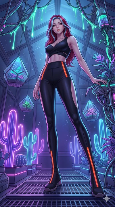 score_9, masterpiece, best quality, ultra-detailed, high-budget anime keyframe, Korean woman. low angle full-body shot filling the entire 9:16 frame with her statuesque presence, stretching the vertical silhouette. standing in a retro-futuristic synt