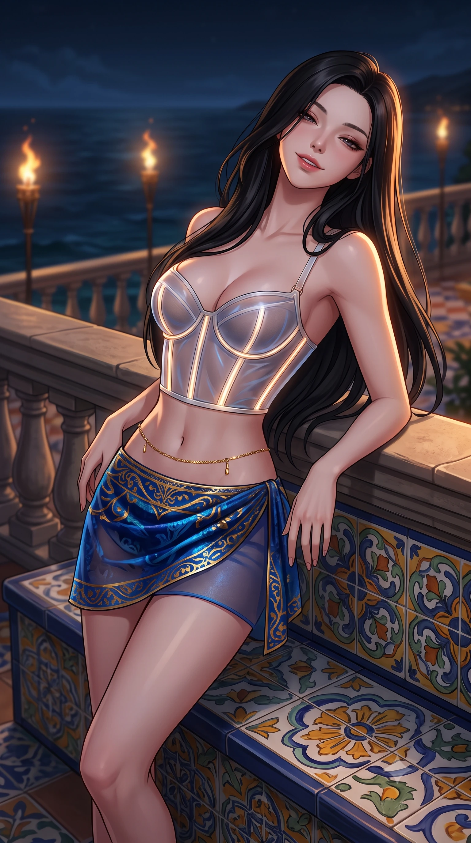 score_9, masterpiece, best quality, ultra-detailed, high-budget anime keyframe, semi-realistic 3D game render, editorial fashion photography, tasteful artistic composition, Korean woman. close-up cowboy shot from the waist and thighs up, the character dominates the composition, filling the frame with her large presence. leaning back against the balustrade with relaxed seductive grace, head tilted back slightly while casting a hypnotic, heavy-lidded gaze while standing poised on the cantilevered sea terrace beside the hand-painted ceramic tiled bench, arching her spine with siren elegance as oil torches flicker against the dark water. The background shows a soft-focus colorful ceramic tile patterns softened in romantic Italian coastal nocturne shallow focus. She has an exceptionally elegant, slender, and willowy female figure with an ultra-slim waist, flat toned midriff, narrow ribcage, and sculpted feminine hips creating an alluring, slim hourglass silhouette without bulk. sharp v-shaped jawline, high-bridge nose, intricate jewel-like sparkling eyes with depth, thick eyelashes, glossy parted lips with a natural peach sheen, bright cheerful beaming smile with an enchanting and coquettish sensual glint, exuding both youthful cute charm and seductive allure, flawlessly proportioned anatomical accuracy, strict slender model proportions, natural body alignment, perfectly sculpted long slender limbs, ultra-slim waistline, clean dynamic posture without body distortion. wearing a sculpted underwire cyber-corset in translucent tech-tulle with illuminated boning channels paired with a sheer mini skirt in Marrakech majorelle blue and molten 24k gold, tailored from ultra-plush silk velvet with rich tactile depth and deep shadow gradients, accented with a dainty gold belly chain resting across her flat midriff and curving hips, the second-skin tailored fabric adhering flawlessly to her sculpted flat midriff and slender torso, emphasizing her long leg lines and perfectly proportioned willowy build. illuminated by terrace tile reflection bounce and sharp flame-gold rim lights sculpting her razor-sharp jawline, narrow waist, and curvy hips. highly saturated vibrant anime colors, detailed shading with soft gradients, rich glossy textures, high-contrast stereoscopic depth, volumetric dynamic lighting, master piece, 9:16 ratio