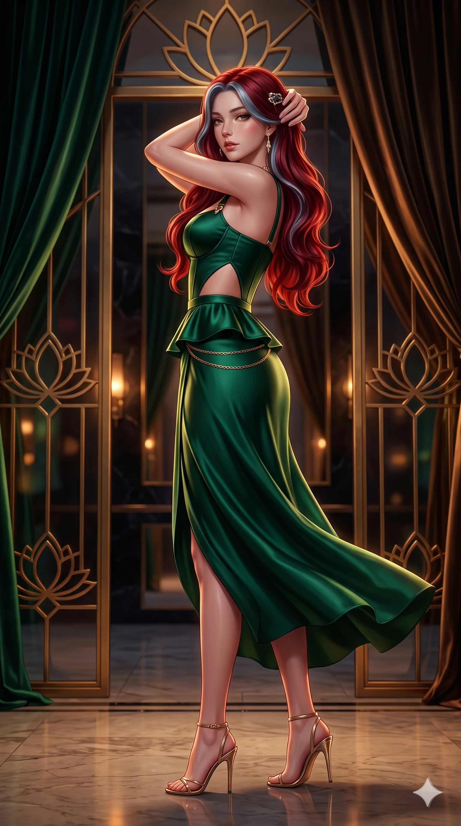 score_9, masterpiece, best quality, ultra-detailed, high-budget anime keyframe, semi-realistic 3D game render, editorial fashion photography, tasteful artistic composition, Caucasian woman. low angle full-body shot from head to toe showing her feet, filling the entire 9:16 vertical frame with her statuesque presence, stretching her vertical silhouette. executing a slow, graceful pivot turn as her silk wrap skirt sways around her slender legs, glancing back with an enchanting, teasing sensual expression while standing poised at the solarium entrance, arching her lower back with sovereign supermodel grace while adjusting her jeweled hair clasp. The background shows a soft-focus geometric brass lotus window grilles, smoked obsidian mirror walls, and velvet drapes blurred into emerald, amber, and dark bronze bokeh. She has an exceptionally tall and slender model-like 8.5-heads proportion, an ultra-slim waist, a flat toned midriff, narrow delicate ribcage, and beautifully sculpted feminine hips creating a graceful, slim hourglass silhouette without any bulky heaviness, with impossibly long slender legs. sharp v-shaped jawline, high-bridge nose, intricate jewel-like sparkling eyes with depth, thick eyelashes, glossy parted lips with a natural sheen, intensely captivating and seductive bedroom-eyes expression, exuding both youthful cute charm and sovereign luxury allure, flawlessly proportioned anatomical accuracy, strict slender model proportions, natural body alignment, perfectly sculpted long slender limbs, ultra-slim waistline, clean dynamic posture without body distortion. wearing a modern peplum corset dress with side-waist diamond cutouts and an ultra-tight silhouette in deep emerald green satin and gold hardware accents, tailored from heavy double-faced silk georgette with an exceptionally fluid drape, accented with a delicate gold chain belt resting loosely on her curvy hips, the form-contouring material adhering flawlessly to her sculpted flat midriff and slender torso, emphasizing her long leg lines and perfectly proportioned willowy build. bathed in low-key, high-contrast chiaroscuro lighting with narrow amber and gold spotlights on the table. highly saturated vibrant anime colors, detailed shading with soft gradients, rich glossy textures, high-contrast stereoscopic depth, volumetric dynamic lighting, master piece, 9:16 ratio