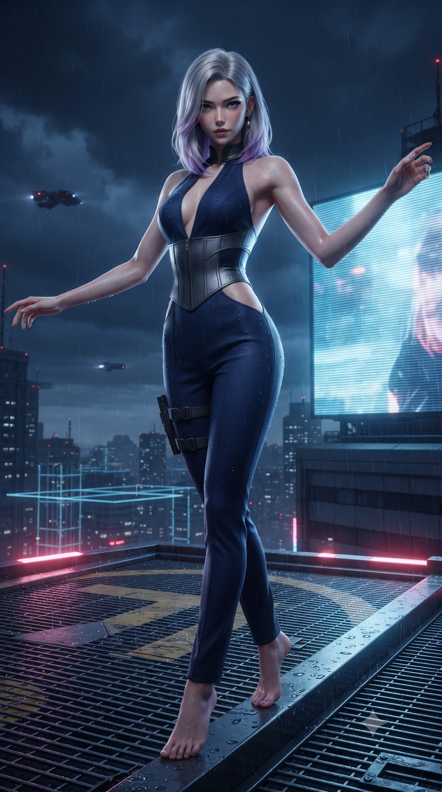 score_9, masterpiece, best quality, ultra-detailed, high-budget anime keyframe, editorial fashion photography, tasteful artistic composition, Caucasian woman. low angle full-body shot from head to toe showing her feet, filling the entire 9:16 vertical frame with her statuesque presence, stretching her vertical silhouette. landing lightly on the balls of her feet in a balanced kinetic stance, eyes locked onto the camera with fearless allure while standing poised on the edge of a rooftop helipad platform with arms outstretched, welcoming the pulsing techno basslines. The surrounding environment is rendered in vivid detail and crisp panoramic clarity. sharp holographic projection scanlines, rain droplets beaded on metallic cargo pants, and rooftop grating in deep focus. She has an absolutely perfect, statuesque 8.5-heads proportion, an exceptionally tall and slender model-like female figure with impossibly long slender legs, a toned flat midriff, and an ultra-slim waist. sharp v-shaped jawline, high-bridge nose, intricate jewel-like eyes with depth, thick eyelashes, glossy lips with a natural sheen, captivating and magnetic expression, flawlessly proportioned anatomical accuracy, strict slender model proportions, natural body alignment, perfectly sculpted long slender limbs, ultra-slim waistline, clean dynamic posture without body distortion. wearing a high-society undercover halter-neck jumpsuit with a tailored deep-V back and integrated tactical waist cincher in deep midnight blue and brushed gunmetal, tailored from fluid silk crepe with inner ballistic reinforcement, accessorized with a sleek concealed garter holster and pearl ear transmitter, the precision-cut daring openings accentuating her delicate midriff, graceful bare collarbones, and ultra-slim feminine waistline. bathed in flashing RGB strobe lights and glowing holographic billboard backlighting. ultra-reflective glossy finish, specular highlights, rich textural contrasts, high-contrast stereoscopic depth, volumetric dynamic lighting, 2k, ultra detail, master piece, 9:16 ratio