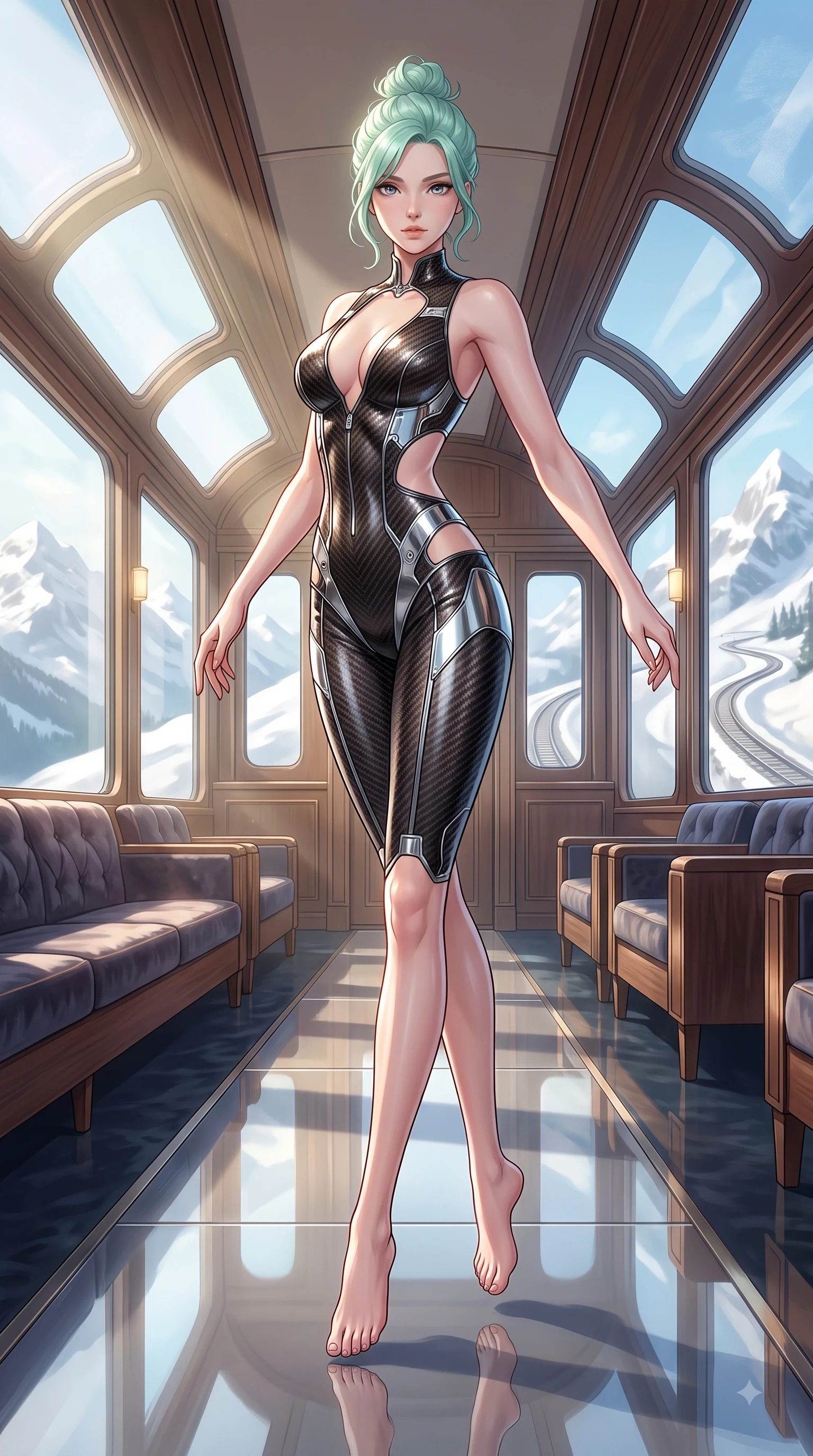 score_9, masterpiece, best quality, ultra-detailed, high-budget anime keyframe, editorial fashion photography, tasteful artistic composition, Japanese woman woman. low angle full-body shot from head to toe showing her feet, filling the entire 9:16 vertical frame with her statuesque presence, stretching her vertical silhouette. She has an absolutely perfect, statuesque 8.5-heads proportion, an exceptionally tall and slender model-like female figure with impossibly long slender legs and an ultra-slim waist. mid-air spin above the reflective floor, maintaining an athletic and perfectly balanced poise, flawlessly proportioned anatomical accuracy, natural body alignment, perfectly sculpted elegant limbs, clean dynamic posture without body distortion. set against a soft-focus background of a winding luxury train lounge car showing snowy alpine peaks. wearing a low-cut carbon fiber combat bodysuit with strategic waist cutouts and chrome hardware. bathed in crisp alpine morning sunbeams slicing through panoramic window glass. highly saturated vibrant anime colors, detailed shading with soft gradients, rich glossy textures, high-contrast stereoscopic depth, volumetric dynamic lighting, master piece, 9:16 ratio