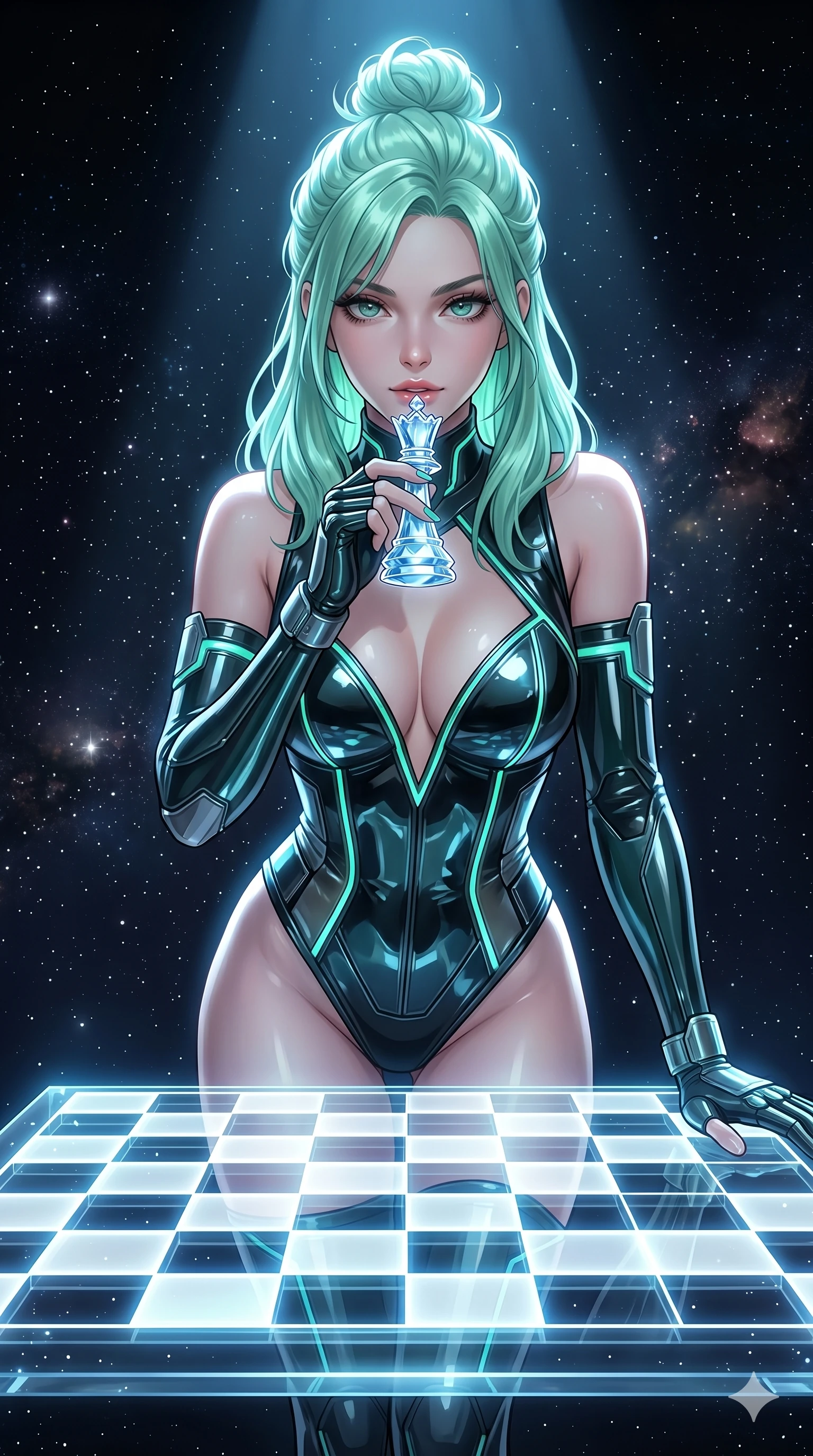 score_9, masterpiece, best quality, ultra-detailed, high-budget anime keyframe, Japanese woman. Upper body close-up from the thighs up, character filling the screen for maximum presence. She is leaning over a giant glowing glass chess board floating in space. She holds a crystal queen piece near her lips, looking at the camera with a teasing, competitive smolder. She has an absolutely perfect 8-heads proportion, a tall and elegant figure with a refined silhouette and a defined waistline. V-shaped jawline, high-bridge nose, intricate jewel-like eyes with depth, thick eyelashes, glossy lips with a natural sheen. She is wearing a structured cybernetic bodice in glossy vinyl panels, paired with detached sleeves and a refined V-neckline detailed with glowing piping. The scene is illuminated by the board's white and blue grids and a sharp overhead spotlight. 2k, ultra detail, master piece, 9:16 ratio
