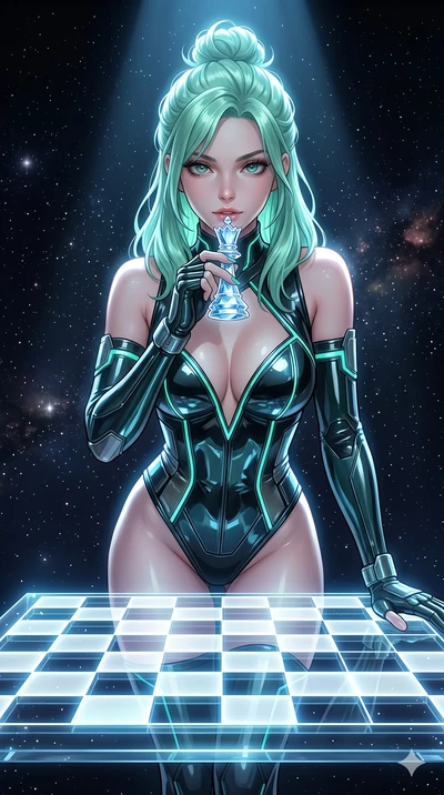 score_9, masterpiece, best quality, ultra-detailed, high-budget anime keyframe, Japanese woman. Upper body close-up from the thighs up, character filling the screen for maximum presence. She is leaning over a giant glowing glass chess board floating 