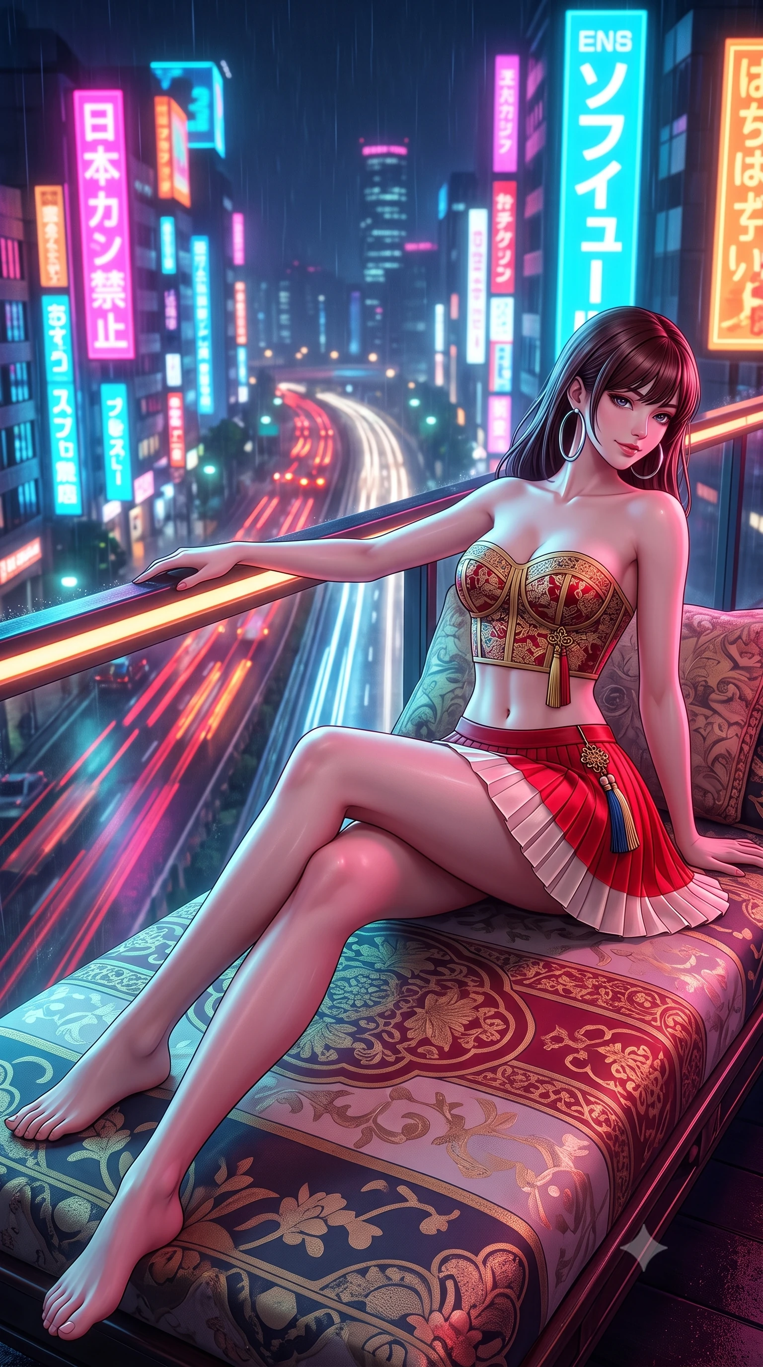 score_9, masterpiece, best quality, ultra-detailed, high-budget anime keyframe, semi-realistic 3D game render, editorial fashion photography, tasteful artistic composition, Korean woman. low angle full-body shot from head to toe showing her feet, filling the entire 9:16 vertical frame with her statuesque presence, stretching her vertical silhouette. lounging on the lavish daybed with legs crossed and hips angled toward the camera, displaying her toned midriff and long slender limbs with effortless siren poise while leaning against the illuminated highway safety rail with hips cocked back, looking over a bare shoulder toward roaring traffic trails below. The background shows a soft-focus speeding car light trails, towering neon skyscraper advertisements, and misty night rain blurred into electric fuchsia, cyan, and amber bokeh. She has an absolutely perfect, statuesque 8.5-heads proportion, an exceptionally tall and slender model-like female figure with impossibly long slender legs, an ultra-slim waist, a flat toned midriff, narrow delicate ribcage, and beautifully sculpted feminine hips creating a graceful, slim hourglass silhouette without any bulky heaviness. sharp v-shaped jawline, high-bridge nose, sparkling eyes with hypnotic seductive depth, thick curled eyelashes, glossy parted lips with a natural dewy peach sheen, alluring bedroom-eyes with an enchanting coquettish smile, exuding magnetic siren charisma and sophisticated glamour, flawlessly proportioned anatomical accuracy, strict slender model proportions, natural body alignment, perfectly sculpted long slender limbs, ultra-slim waistline, clean dynamic posture without body distortion. wearing a modern strapless boned hanbok bustier with traditional norigae tassel accents paired with a micro-pleated silk mini skirt in royal vermilion crimson and pale ivory silk, made of delicate semi-sheer Korean gossamer organza with subtle pearlescent glints, accented with oversized polished chrome hoop earrings catching the ambient neon glow, the high-slit wrap tailoring accentuating her ultra-slim waistline and the enchanting curve of her feminine hips with alluring seductive charm. bathed in dynamic dual-tone neon lighting spilling from towering Japanese billboard displays. highly saturated vibrant anime colors, detailed shading with soft gradients, rich glossy textures, high-contrast stereoscopic depth, volumetric dynamic lighting, master piece, 9:16 ratio