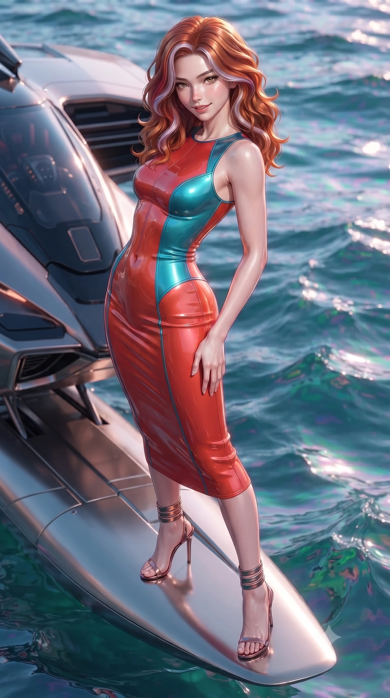 score_9, masterpiece, best quality, ultra-detailed, high-budget anime keyframe, editorial fashion photography, tasteful artistic composition, Caucasian woman. close-up cowboy shot from the waist and thighs up, the character dominates the composition, filling the frame with her large presence. tilting her head with a teasing half-smile, running one hand slowly down the side of her hip in a flirtatious S-curve as ambient light caresses her silhouette while standing poised on the aerodynamic titanium pontoon suspended over the iridescent waves of the sentient liquid ocean, arching her back with siren allure. The surrounding environment is rendered in vivid detail and crisp panoramic clarity: detailed haute-couture texture, wet-look liquid fabric drape, and sleek aerodynamic pontoon architecture in razor-sharp precision. She has an exceptionally elegant, slender, and willowy female figure with an ultra-slim waist, flat toned midriff, narrow ribcage, and sculpted feminine hips creating an alluring, slim hourglass silhouette without bulk. sharp v-shaped jawline, high-bridge nose, intricate jewel-like sparkling eyes with depth, thick eyelashes, glossy parted lips with a natural peach sheen, bright cheerful beaming smile with an enchanting and coquettish sensual glint, exuding both youthful cute charm and seductive allure, flawlessly proportioned anatomical accuracy, strict slender model proportions, natural body alignment, perfectly sculpted long slender limbs, ultra-slim waistline, clean dynamic posture without body distortion. wearing a sculpted second-skin neoprene column gown with subtle architectural seam lines accentuating her curves in cyber-shinto vermilion and electric teal, tailored from high-gloss patent leather with mirror-like specular highlights, complemented by strappy stiletto sandals with metallic ankle wraps accentuating her slender calves, the form-contouring silhouette accentuating her sculpted flat midriff, narrow delicate ribcage, and gracefully curvy hips with intoxicating allure. illuminated by chromatic liquid ocean reflection bounce and sharp rose-gold rim lights sculpting her razor-sharp jawline, narrow waist, and curvy hips. ultra-reflective glossy finish, specular highlights, rich textural contrasts, high-contrast stereoscopic depth, volumetric dynamic lighting, 2k, ultra detail, master piece, 9:16 ratio