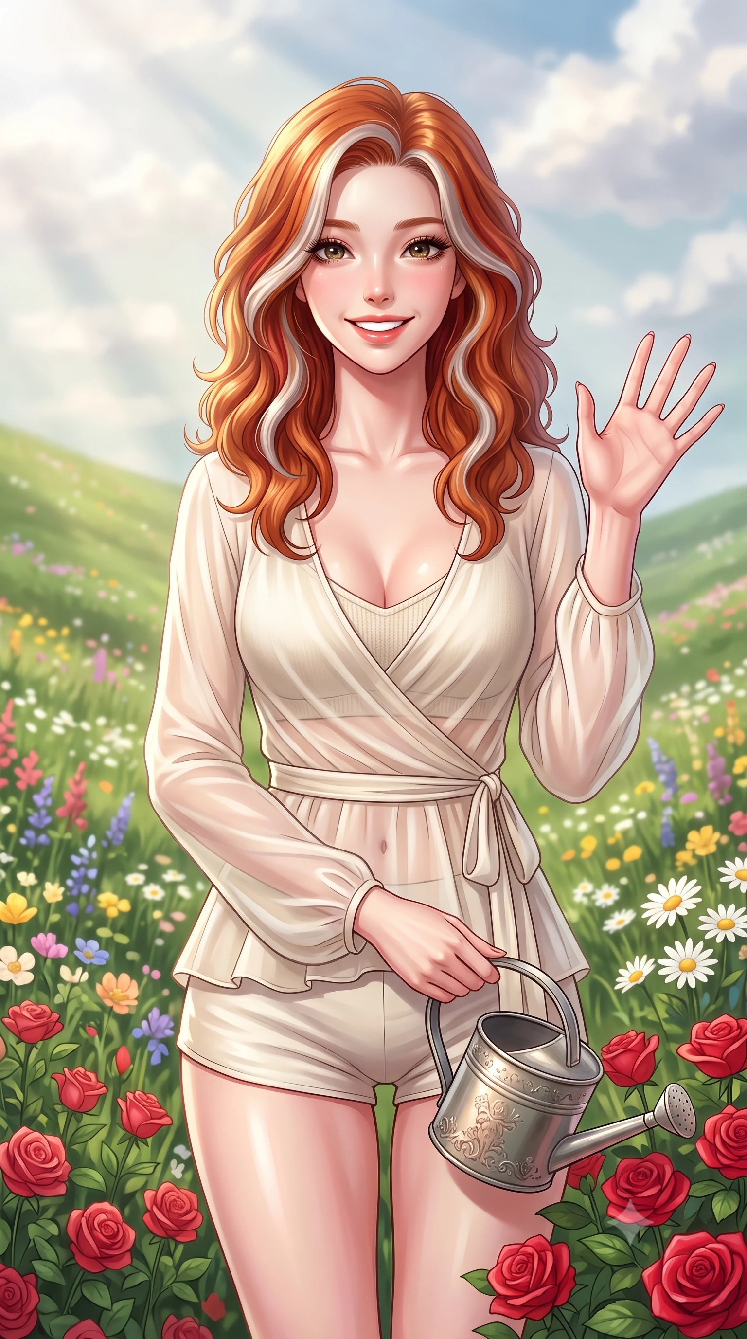 score_9, masterpiece, best quality, ultra-detailed, high-budget anime keyframe, editorial fashion photography, tasteful artistic composition, Caucasian woman. close-up cowboy shot from the waist and thighs up, the character dominates the composition, filling the frame with her large presence, background elements kept in soft focus. flashing a sweet, beaming smile while waving one hand gently toward the camera set against a soft-focus background of on a gentle green hillside covered with colorful wildflowers and daisies holding a small watering can next to a bed of red roses. She has an exceptionally elegant, slender, and willowy female figure with an ultra-slim waist, a gracefully sculpted slender torso, and a refined silhouette. sharp v-shaped jawline, high-bridge nose, intricate jewel-like eyes with depth, thick eyelashes, glossy lips with a natural sheen. wearing form-contouring sheer chiffon wrap top in cream, worn over a slim-fit knit bralette and low-cut shorts. soft afternoon sunbeams filtering through light clouds, casting gentle shadows. highly saturated vibrant anime colors, detailed shading with soft gradients, rich glossy textures, high-contrast stereoscopic depth, volumetric dynamic lighting, master piece, 9:16 ratio