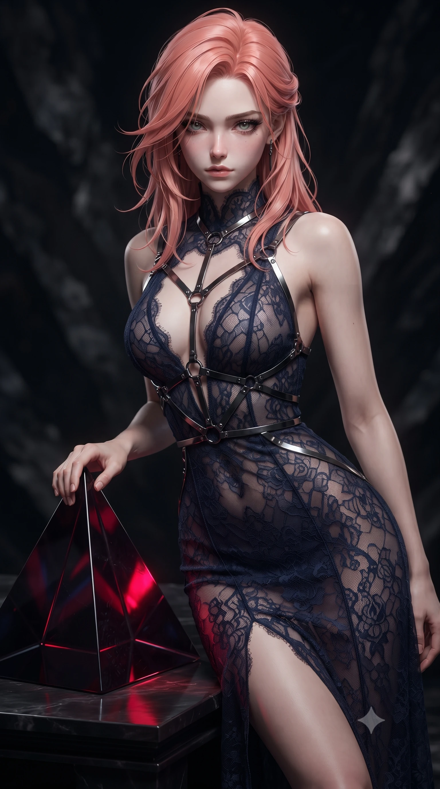 score_9, masterpiece, best quality, ultra-detailed, high-budget anime keyframe, editorial fashion photography, tasteful artistic composition, Japanese woman. close-up cowboy shot from the waist and thighs up, the character dominates the composition, filling the frame with her large presence, background elements kept in soft focus. Casting a slow, direct gaze beneath heavy lashes with quiet intensity, touching a giant dark obsidian prism that split light into deep crimson spectrums, high-contrast black-and-silver reflections dancing across mirror surfaces. She has an exceptionally elegant, slender, and willowy female figure with an ultra-slim waist, a gracefully sculpted slender torso, and a refined silhouette. sharp v-shaped jawline, high-bridge nose, intricate jewel-like eyes with depth, thick eyelashes, glossy lips with a natural sheen. wearing gothic nebula sheer dark lace gown with plunging neckline in midnight navy blue, made of fine dark contouring mesh, highlighted by a gunmetal metallic harness structure, the fitted fabric emphasizing her ultra-slim waist. bathed in high-contrast specular reflections against pitch-black shadows. highly saturated vibrant anime colors, detailed shading with soft gradients, rich glossy textures, high-contrast stereoscopic depth, volumetric dynamic lighting, master piece, 9:16 ratio