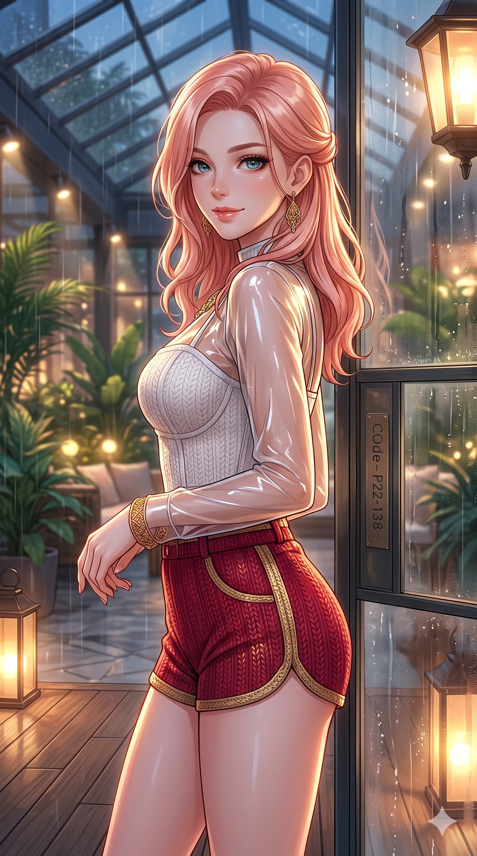 score_9, masterpiece, best quality, ultra-detailed, high-budget anime keyframe, vibrant anime aesthetic, Japanese woman. close-up cowboy shot from the waist and thighs up, the character dominates the composition, filling the frame with her large presence, background elements kept in soft focus. She is posing near glass greenhouse panels, smiling delightfully over her shoulder, gazing softly at the camera lens with a relaxed and elegant posture. the background shows a soft-focus modern glass atrium of a hotel lobby filled with tropical plants and warm spotlights, looking at a rain shower (Code-P22-138). She has an absolutely perfect proportion, an exceptionally elegant and slender female figure with an ultra-slim waist. V-shaped jawline, high-bridge nose, intricate jewel-like eyes with depth, thick eyelashes, glossy lips with a natural sheen. wearing a translucent patent-gloss top over a white textured knit structured bodice and knit shorts in ruby red and gold accents. She is bathed in soft twilight glow mixed with warm lantern lights, highlighting her V-shaped jawline on the outdoor wooden terrace. 2k, ultra detail, master piece, 9:16 ratio