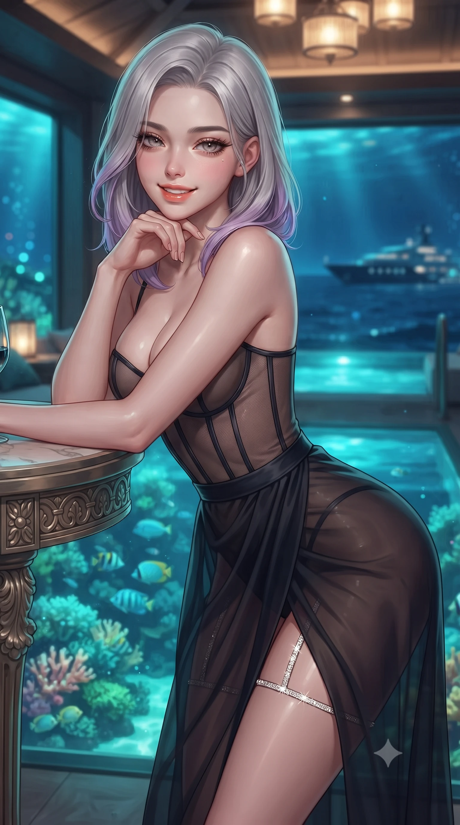 score_9, masterpiece, best quality, ultra-detailed, high-budget anime keyframe, editorial fashion photography, tasteful artistic composition, Caucasian woman. close-up cowboy shot from the waist and thighs up, the character dominates the composition, filling the frame with her large presence. resting one elbow on the table and supporting her chin, leaning close to the camera with heavy-lidded sparkling eyes and parted lips while twisting her slender torso in an alluring contrapposto stance beside the private plunge pool, underwater reef lights wrapping around her narrow waist and hips. The background shows a soft-focus illuminated turquoise coral reefs with swimming tropical fish below glass, gentle midnight sea waves, and distant superyacht anchor lights blurred into electric cyan, coral, and navy bokeh. She has an exceptionally elegant, slender, and willowy female figure with an ultra-slim waist, flat toned midriff, narrow ribcage, and sculpted feminine hips creating an alluring, slim hourglass silhouette without bulk. sharp v-shaped jawline, high-bridge nose, intricate jewel-like sparkling eyes with depth, thick eyelashes, glossy parted lips with a natural peach sheen, bright cheerful beaming smile with an enchanting and coquettish sensual glint, exuding both youthful cute charm and seductive allure, flawlessly proportioned anatomical accuracy, strict slender model proportions, natural body alignment, perfectly sculpted long slender limbs, ultra-slim waistline, clean dynamic posture without body distortion. wearing a provocative translucent mesh corset bodice with boned satin channels paired with a sheer chiffon wrap maxi skirt in deep midnight obsidian black and champagne gold, crafted from fluid liquid silk satin that clings smoothly to her narrow waist and rounded hips with a dewy sheen, finished with delicate crystal-encrusted thigh garter straps glinting in the dim light, the liquid-tight tailored fabric clinging flawlessly to her narrow waist and rounded feminine hips, emphasizing every millimeter of her sculpted slim hourglass curves without any bulky heaviness. bathed in underwater reef cyan-and-green LEDs shining upward through glass contrasted with warm 2600K interior ceiling lanterns. ultra-reflective glossy finish, specular highlights, rich textural contrasts, high-contrast stereoscopic depth, volumetric dynamic lighting, 2k, ultra detail, master piece, 9:16 ratio