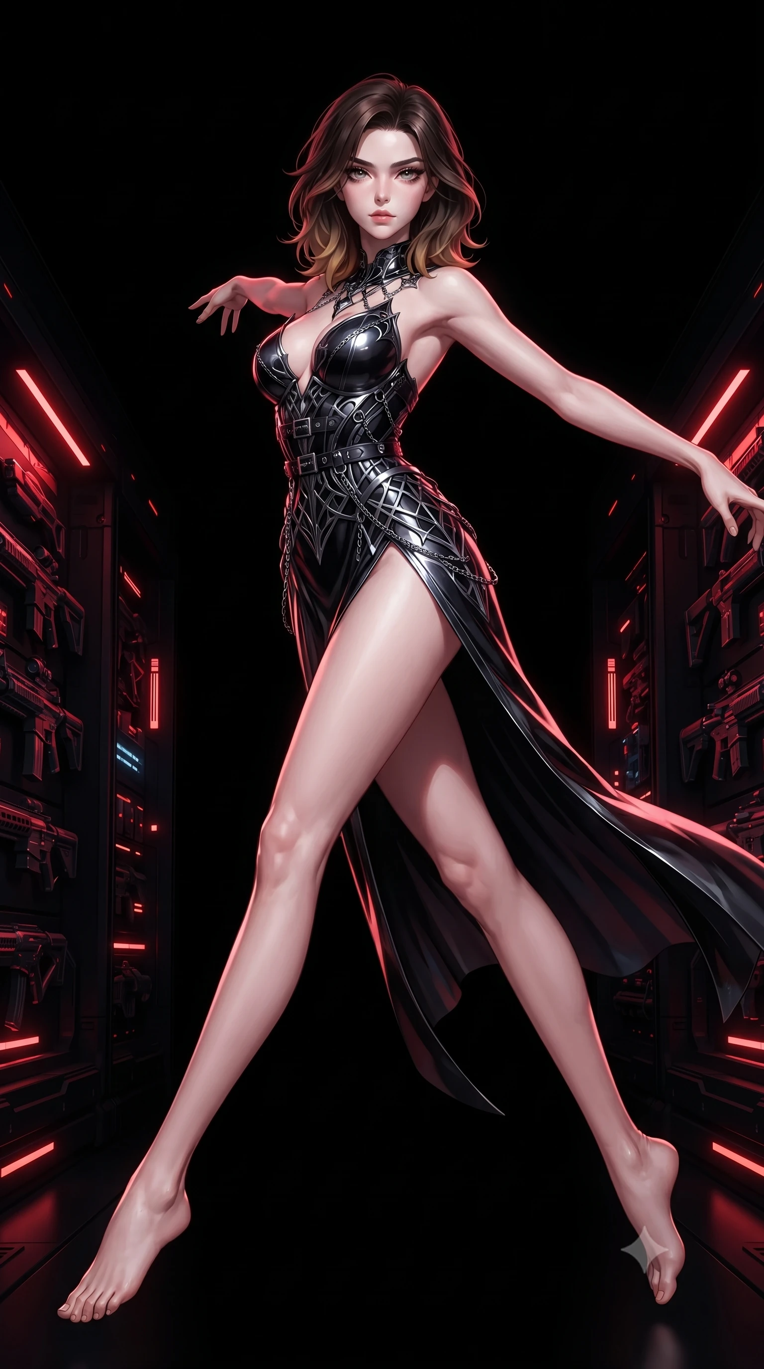 score_9, masterpiece, best quality, ultra-detailed, high-budget anime keyframe, editorial fashion photography, tasteful artistic composition, Korean woman. low angle full-body shot from head to toe showing her feet, filling the entire 9:16 vertical frame with her statuesque presence, stretching her vertical silhouette. leaping dynamically through the pitch-black void, her posture full of power and elegance, inside a dark high-tech armoury lined with glowing red cybernetic weapon racks, intense futuristic dark atmosphere with crisp subject isolation. She has an absolutely perfect, statuesque 8.5-heads proportion, an exceptionally tall and slender model-like female figure with impossibly long slender legs and an ultra-slim waist. sharp v-shaped jawline, high-bridge nose, intricate jewel-like eyes with depth, thick eyelashes, glossy lips with a natural sheen. wearing low-cut gothic structured bodice gown with high leg slit in pitch-black onyx, made of sculpted obsidian metallic chrome, framed by dark titanium buckles and silver chain details, accentuating her gracefully sculpted slender torso. bathed in high-contrast metallic specular lighting and pitch-dark ambiance. highly saturated vibrant anime colors, detailed shading with soft gradients, rich glossy textures, high-contrast stereoscopic depth, volumetric dynamic lighting, master piece, 9:16 ratio