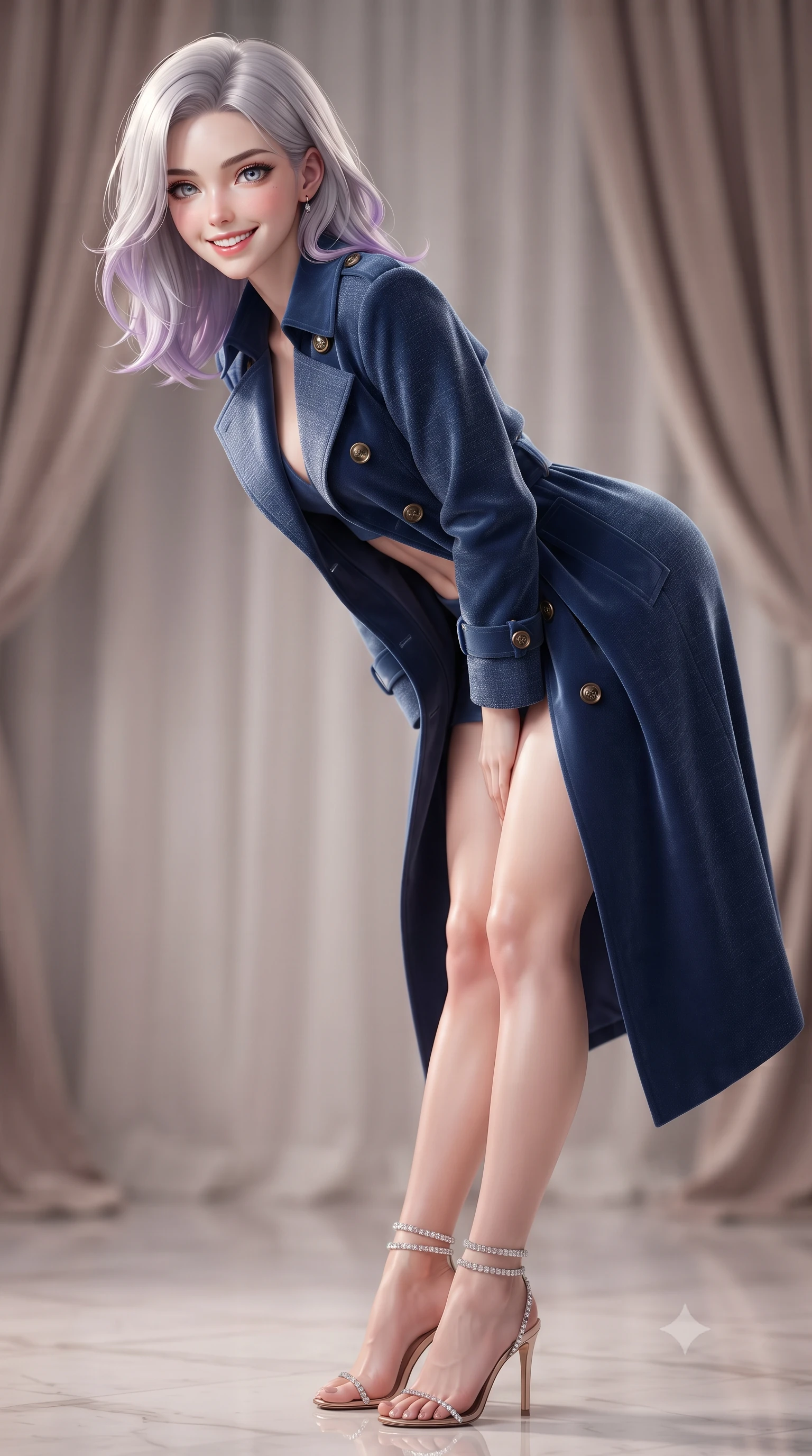 score_9, masterpiece, best quality, ultra-detailed, high-budget anime keyframe, editorial fashion photography, tasteful artistic composition, Caucasian woman. close-up cowboy shot from the waist and thighs up, the character dominates the composition, filling the frame with her large presence. leaning forward while arching her lower back to accentuate her curvy hips, looking into the camera with an intoxicating smoldering gaze and bedroom-eyes while twisting her slender torso in an alluring contrapposto stance, shimmering turquoise and topaz stained-glass light caressing her narrow waist and curvy hips. The background shows a soft-focus flowing velvet salon drapery softened in Belle Époque European grand salon shallow focus. She has an exceptionally elegant, slender, and willowy female figure with an ultra-slim waist, flat toned midriff, narrow ribcage, and sculpted feminine hips creating an alluring, slim hourglass silhouette without bulk. sharp v-shaped jawline, high-bridge nose, intricate jewel-like sparkling eyes with depth, thick eyelashes, glossy parted lips with a natural peach sheen, bright cheerful beaming smile with an enchanting and coquettish sensual glint, exuding both youthful cute charm and seductive allure, flawlessly proportioned anatomical accuracy, strict slender model proportions, natural body alignment, perfectly sculpted long slender limbs, ultra-slim waistline, clean dynamic posture without body distortion. wearing a structured Cape Town coastal linen-tweed trench coat with tortoise buttons and storm flaps in Vltava misty twilight cobalt and polished brass, tailored from ultra-plush silk velvet with rich tactile depth and deep shadow gradients, complemented by strappy stiletto sandals with crystal ankle wraps accentuating her slender calves, the impeccably tailored cut draping gracefully along her slender figure with aristocratic poise. illuminated by marble floor reflection bounce and sharp rose-gold rim lights sculpting her jawline, narrow waist, and curvy hips. ultra-reflective glossy finish, specular highlights, rich textural contrasts, high-contrast stereoscopic depth, volumetric dynamic lighting, 2k, ultra detail, master piece, 9:16 ratio