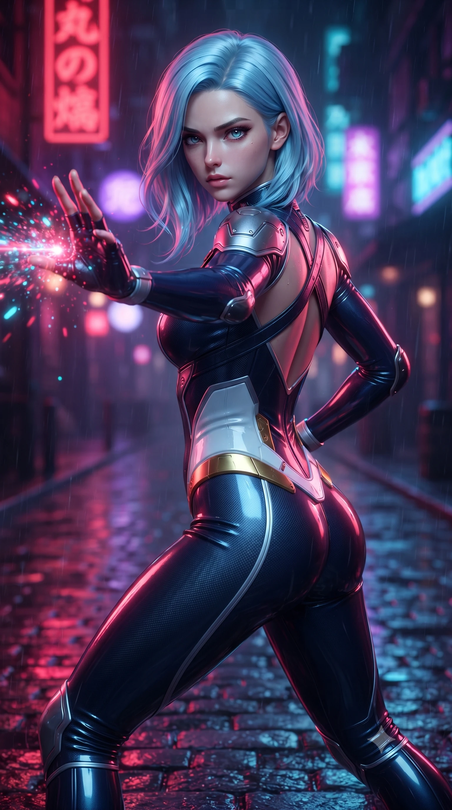 score_9, masterpiece, best quality, ultra-detailed, high-budget anime keyframe, editorial fashion photography, tasteful artistic composition, Korean woman. close-up cowboy shot from the waist and thighs up, the character dominates the composition, filling the frame with her large presence. in a razor-sharp Panzer Kunst fighting guard, one hand extended with palm open in fluid kinetic tension, captivating jewel-like eyes locked onto the viewer with dangerous focus while pivoting dynamically on wet cobblestones as her defensive palm parry disperses an incoming neon energy blast. The composition keeps background elements in soft focus with creamy bokeh. flickering neon sign kanji and rain puddles blurred into dazzling crimson, violet, and electric cyan bokeh. She has an exceptionally elegant, slender, and willowy female figure with an ultra-slim waist, a gracefully sculpted slender torso, toned flat midriff, and a refined slim silhouette. sharp v-shaped jawline, high-bridge nose, intricate jewel-like eyes with depth, thick eyelashes, glossy lips with a natural sheen, flawlessly proportioned anatomical accuracy, strict slender model proportions, natural body alignment, perfectly sculpted long slender limbs, ultra-slim waistline, clean dynamic posture without body distortion. wearing a statuesque midnight cobalt carbon-fiber battle-suit with platinum trim, reinforced kinetic palm plates, and an ultra-slim waistline in arctic white carbon composite with radiant solar gold plating, crafted from ultra-strong woven carbon-fiber composite with a satin luster, complemented by criss-cross back harness straps highlighting her completely bare spine, the glove-like aerodynamic second-skin fit tightly clinging to her ultra-slender waist and athletic curves without adding bulk, accentuating her razor-sharp statuesque lines and slim hourglass silhouette. bathed in vivid high-contrast neon crimson and deep cyan ambient rim lighting. ultra-reflective glossy finish, specular highlights, dark metallic sheen, high-contrast stereoscopic depth, volumetric dynamic lighting, 2k, ultra detail, master piece, 9:16 ratio