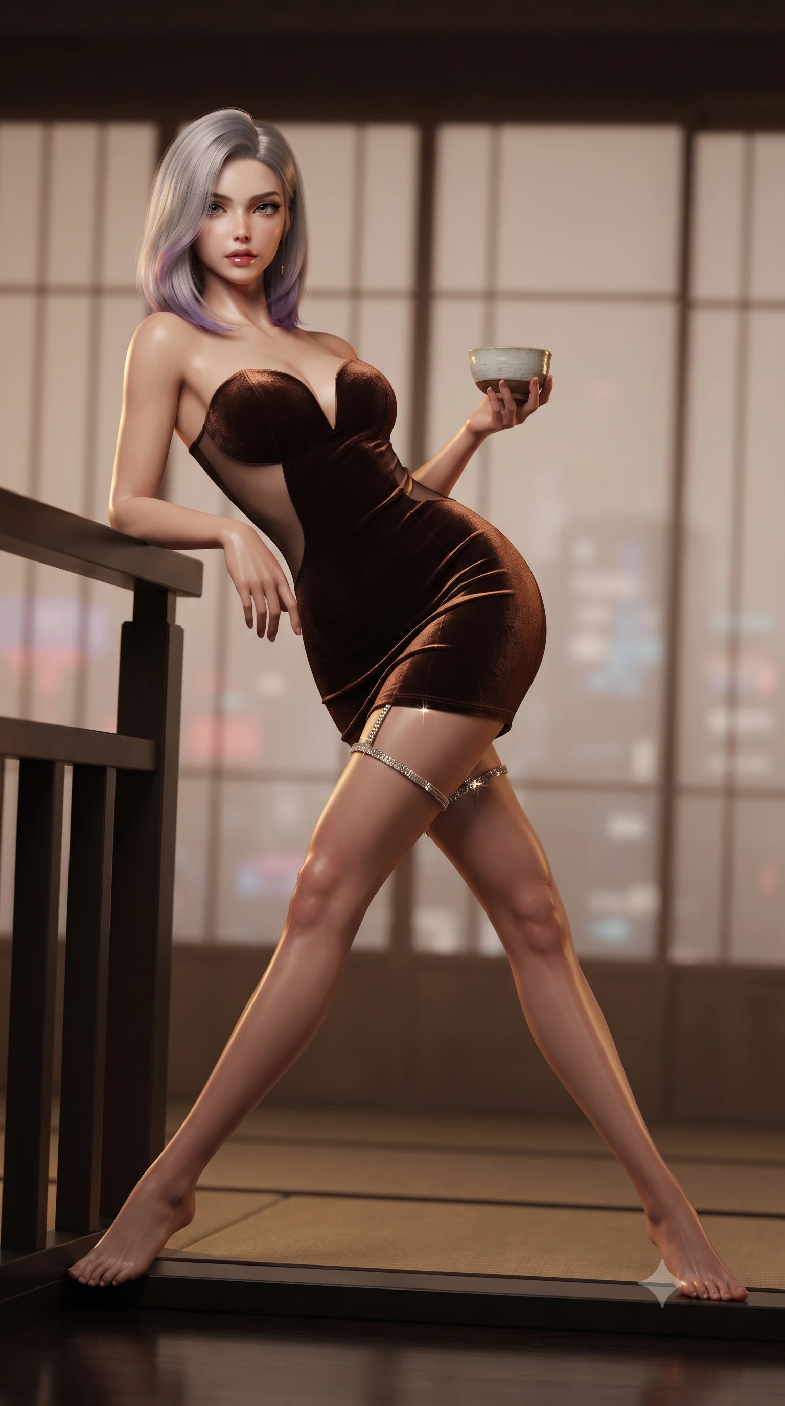 score_9, masterpiece, best quality, ultra-detailed, high-budget anime keyframe, editorial fashion photography, tasteful artistic composition, Caucasian woman. low angle full-body shot from head to toe showing her feet, filling the entire 9:16 vertical frame with her statuesque presence, stretching her vertical silhouette. leaning deep against the balcony balustrade with hips cocked back in an unapologetically alluring high-fashion stance, casting an intoxicating glance while perched sideways on the lacquered pavilion threshold with legs extended, holding a modern ceramic tea bowl with dangerous coquettish cool. The background shows a soft-focus minimalist sliding shoji screens softened in neo-oriental cyberpunk shallow focus. She has an absolutely perfect, statuesque 8.5-heads proportion, an exceptionally tall and slender model-like female figure with impossibly long slender legs, an ultra-slim waist, a flat toned midriff, narrow delicate ribcage, and beautifully sculpted feminine hips creating a graceful, slim hourglass silhouette without any bulky heaviness. sharp v-shaped jawline, high-bridge nose, sparkling eyes with hypnotic seductive depth, thick curled eyelashes, glossy parted lips with a natural dewy peach sheen, alluring bedroom-eyes with an enchanting coquettish smile, exuding magnetic siren charisma and sophisticated glamour, flawlessly proportioned anatomical accuracy, strict slender model proportions, natural body alignment, perfectly sculpted long slender limbs, ultra-slim waistline, clean dynamic posture without body distortion. wearing a deep sweetheart-neckline velvet bodycon dress with sheer side-torso cutouts accentuating her hourglass curves in sultry espresso bronze and metallic copper, tailored from ultra-plush velvet with rich tactile depth and deep shadow gradients, finished with delicate crystal-encrusted thigh garter straps glinting in the dim light, the glove-like clinging cut tightly following the natural contour of her hips and long slender legs with youthful 8.5-heads elegance. illuminated by lacquer floor reflection bounce and sharp warm-gold rim lights sculpting her jawline, ultra-slim waist, and curvy hips. ultra-reflective glossy finish, specular highlights, rich textural contrasts, high-contrast stereoscopic depth, volumetric dynamic lighting, 2k, ultra detail, master piece, 9:16 ratio