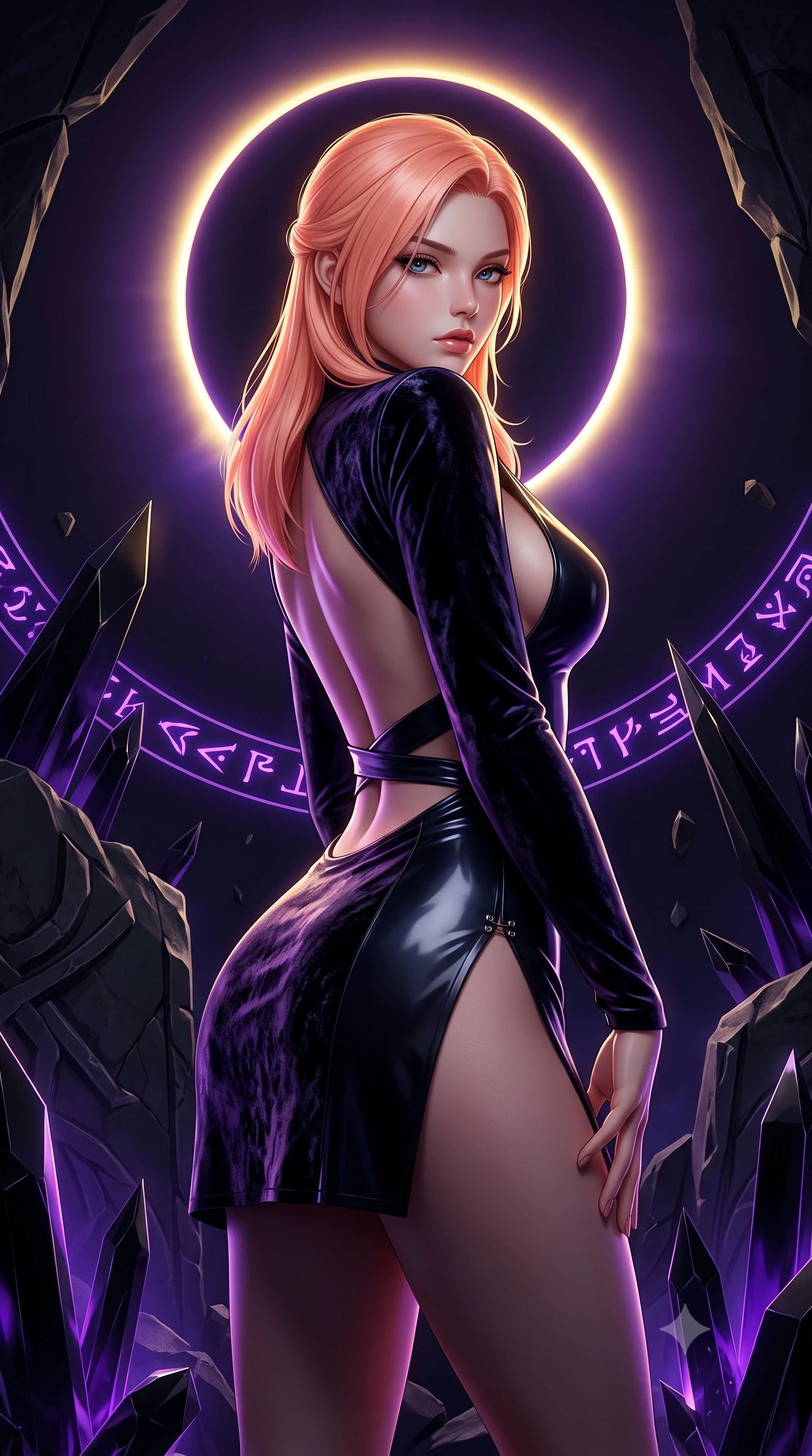 score_9, masterpiece, best quality, ultra-detailed, high-budget anime keyframe, semi-realistic 3D game render, editorial fashion photography, tasteful artistic composition, Japanese woman. close-up cowboy shot from the waist and thighs up, the character dominates the composition, filling the frame with her large presence. gazing directly into the lens with bedroom eyes and a breathtaking, dangerous allure that commands the entire dark composition while arching her spine in a powerful yet enticing stance as the eclipsed solar corona casts a sharp golden-violet halo. The surrounding environment is rendered in vivid detail and crisp panoramic clarity. sharp basalt stone carving fractures, razor-edged black crystal facets, and glowing purple glyph lines in deep focus. She has an exceptionally elegant, slender, and willowy female figure with an ultra-slim waist, a gracefully sculpted slender torso, toned flat midriff, and a refined slim silhouette. sharp v-shaped jawline, high-bridge nose, intricate jewel-like eyes with depth, thick eyelashes, glossy lips with a natural sheen, flawlessly proportioned anatomical accuracy, strict slender model proportions, natural body alignment, perfectly sculpted long slender limbs, ultra-slim waistline, clean dynamic posture without body distortion. wearing a second-skin midnight black latex mini dress with a dramatic open-back design wrapping around her waist and a plunging neckline in dark monochrome black and high-contrast pale skin accents, made of rich crushed velvet that catches deep directional light with soft gradients, finished with an ultra-high side slit secured by miniature magnetic clasps, the form-contouring material adhering flawlessly to her sculpted flat midriff and slender torso, emphasizing her long leg lines and perfectly proportioned willowy build. bathed in glowing violet arcane energy uplights and sharp golden eclipse corona rim lighting. rich saturated anime colors with deep moody shadows, detailed chiaroscuro shading with soft gradients, rich glossy textures, high-contrast stereoscopic depth, volumetric dynamic shadow lighting, master piece, 9:16 ratio