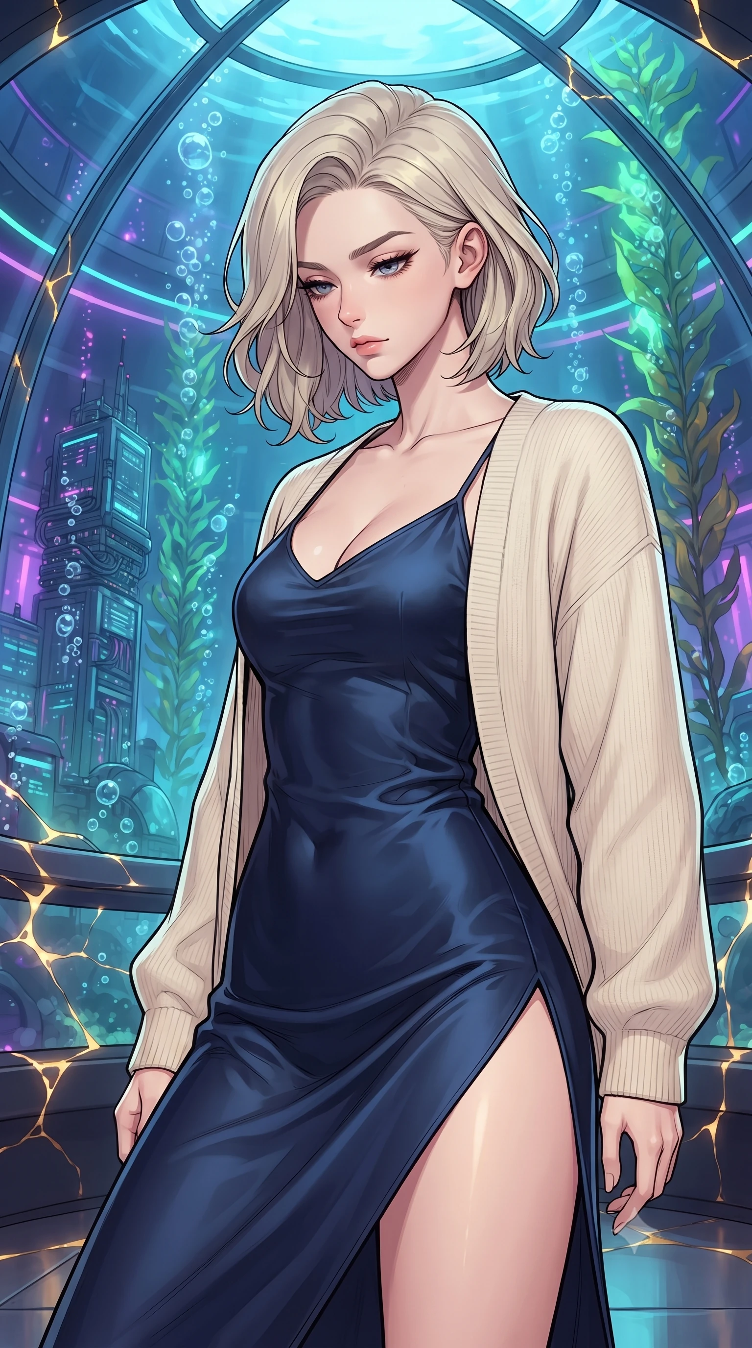 score_9, masterpiece, best quality, ultra-detailed, high-budget anime keyframe, gorgeous anime illustration, with clean line-art and distinct ink outlines, Caucasian woman, strictly human ears. close-up cowboy shot from the waist and thighs up, the character dominates the composition, filling the frame with her large presence, background elements kept in soft focus. Looking down with lowered lashes and a composed powerful expression. set against a soft-focus background of inside an underwater glass dome housing cybernetic server towers cooled by bioluminescent kelp, bubble streams rising through neon-lit water columns outside the glass. She has an exceptionally elegant and slender, willowy female figure with an ultra-slim waist, a gracefully sculpted slender torso, and a refined slim physique. sharp v-shaped jawline, high-bridge nose, intricate jewel-like eyes with depth, thick eyelashes, glossy lips with a natural sheen. wearing a deep navy slip dress with a high side thigh slit, layered under a soft cream knit cardigan. glowing kintsugi gold light radiating from cracks in the environment creating a majestic inner glow. 2k, ultra detail, master piece, 9:16 ratio, vibrant anime color palette, detailed cel-shading with soft gradients, rich contrast, dynamic lighting, 2d animation style