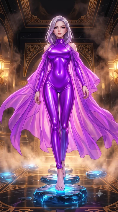 score_9, masterpiece, best quality, ultra-detailed, High-budget Anime Keyframe, Caucasian woman, strictly human ears. Low angle cowboy shot filling the entire 9:16 frame with her statuesque presence. Scenario 503: stepping across glowing azure stones