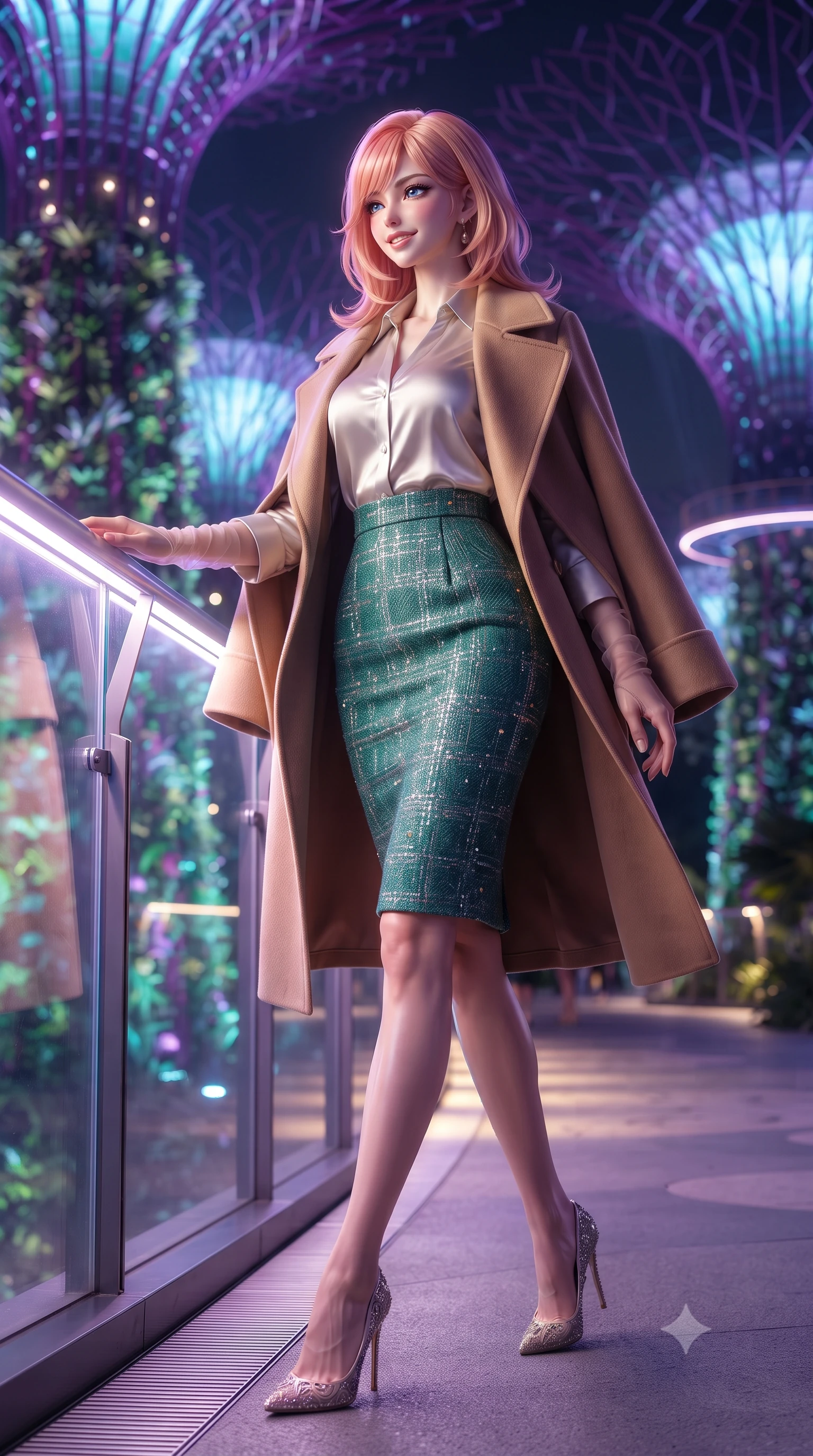 score_9, masterpiece, best quality, ultra-detailed, high-budget anime keyframe, editorial fashion photography, tasteful artistic composition, Japanese woman. low angle full-body shot from head to toe showing her feet, filling the entire 9:16 vertical frame with her statuesque presence, stretching her vertical silhouette. stepping forward in a confident stride, her long slender legs and curvaceous hips creating a dynamic, sweeping vertical line while leaning against the illuminated acrylic safety railing with hips cocked back, looking through vertical epiphytic gardens with smoldering bedroom-eyes. The background shows a soft-focus gentle canopy mist plumes softened in futuristic eco-garden shallow focus. She has an exceptionally tall and slender model-like 8.5-heads proportion, an ultra-slim waist, a flat toned midriff, narrow delicate ribcage, and beautifully sculpted feminine hips creating a graceful, slim hourglass silhouette without any bulky heaviness, with impossibly long slender legs. sharp v-shaped jawline, high-bridge nose, intricate jewel-like sparkling eyes with depth, thick eyelashes, glossy parted lips with a natural peach sheen, bright cheerful beaming smile with an enchanting and coquettish sensual glint, exuding both youthful cute charm and seductive allure, flawlessly proportioned anatomical accuracy, strict slender model proportions, natural body alignment, perfectly sculpted long slender limbs, ultra-slim waistline, clean dynamic posture without body distortion. wearing a structured double-faced camel hair wrap coat draped over a tailored silk blouse and pencil skirt in Art Nouveau malachite green and antique starlight silver, woven from structured British tweed with subtle metallic flecks, complemented by sheer opera-length evening gloves tracing her slender arms, the bespoke structured tailoring following the natural line of her 8.5-heads silhouette with refined elegance. bathed in the saturated violet-and-cyan 4000K luminescence of Supertree LED light shows mixed with warm skyway pathway glows. ultra-reflective glossy finish, specular highlights, rich textural contrasts, high-contrast stereoscopic depth, volumetric dynamic lighting, 2k, ultra detail, master piece, 9:16 ratio