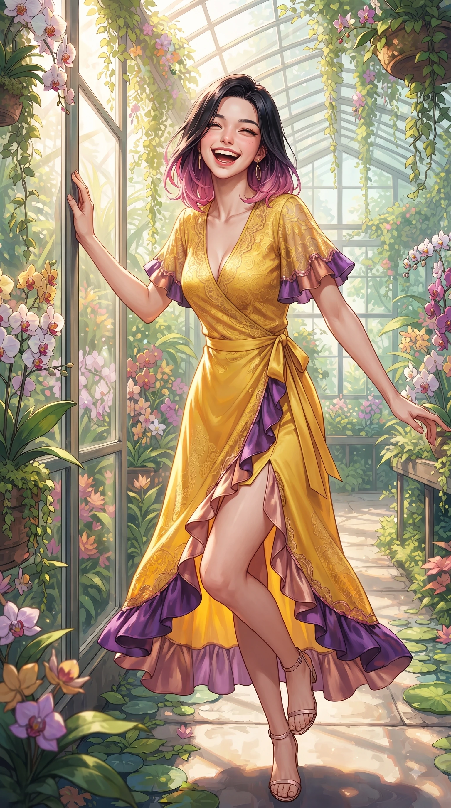 score_9, masterpiece, best quality, ultra-detailed, high-budget anime keyframe, editorial fashion photography, tasteful artistic composition, Korean woman. close-up cowboy shot from the waist and thighs up, the character dominates the composition, filling the frame with her large presence. Beaming joyful energy with a infectious laughter that brightens the entire composition while leaning against a sunlit glass wall surrounded by exotic orchids and cascading vines. The surrounding environment is rendered in vivid detail and crisp panoramic clarity. vibrant orchid blossoms, lotus pond ripples, and detailed greenhouse pathways in deep focus. She has an exceptionally elegant, slender, and willowy female figure with an ultra-slim waist, a gracefully sculpted slender torso, and a refined silhouette. sharp v-shaped jawline, high-bridge nose, intricate jewel-like eyes with depth, thick eyelashes, glossy lips with a natural sheen, flawlessly proportioned anatomical accuracy, natural body alignment, perfectly sculpted elegant limbs, clean dynamic posture without body distortion. wearing a cheerful sunflower yellow silk wrap dress with fluttery ruffle hems in deep amethyst purple and rose gold, made of fine lace weave and soft satin jersey, finished with a sleek side slit ascending to mid-thigh, the tailored fit highlighting her statuesque and model-like silhouette. surrounded by a lush, vibrant, and enchanting garden editorial ambiance. ultra-reflective glossy finish, specular highlights, metallic sheen, high-contrast stereoscopic depth, volumetric dynamic lighting, 2k, ultra detail, master piece, 9:16 ratio
