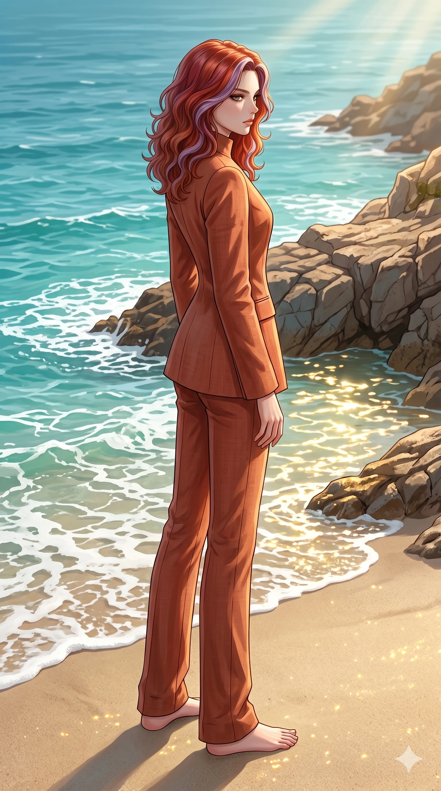 score_9, masterpiece, best quality, ultra-detailed, high-budget anime keyframe, editorial fashion photography, tasteful artistic composition, Caucasian woman, strictly human ears. low angle full-body shot from head to toe showing her feet, filling the entire 9:16 vertical frame with her statuesque presence, stretching her vertical silhouette. standing proud and tall on the sand, her face turned in sharp profile, casting a cold and mysterious side gaze on a rocky cliff overlooking a turquoise sea with white foam below (Code-P19-023). She has an absolutely perfect 8-heads proportion, an exceptionally tall and slender female figure with impossibly long slender legs and an ultra-slim waist. V-shaped jawline, high-bridge nose, intricate jewel-like eyes with depth, thick eyelashes, glossy lips with a natural sheen. wearing a tailored high-neck blazer in terracotta linen with matching long trousers. surrounded by bright sunbeams reflecting off the pool water, casting shimmering gold highlights. 2k, ultra detail, master piece, 9:16 ratio