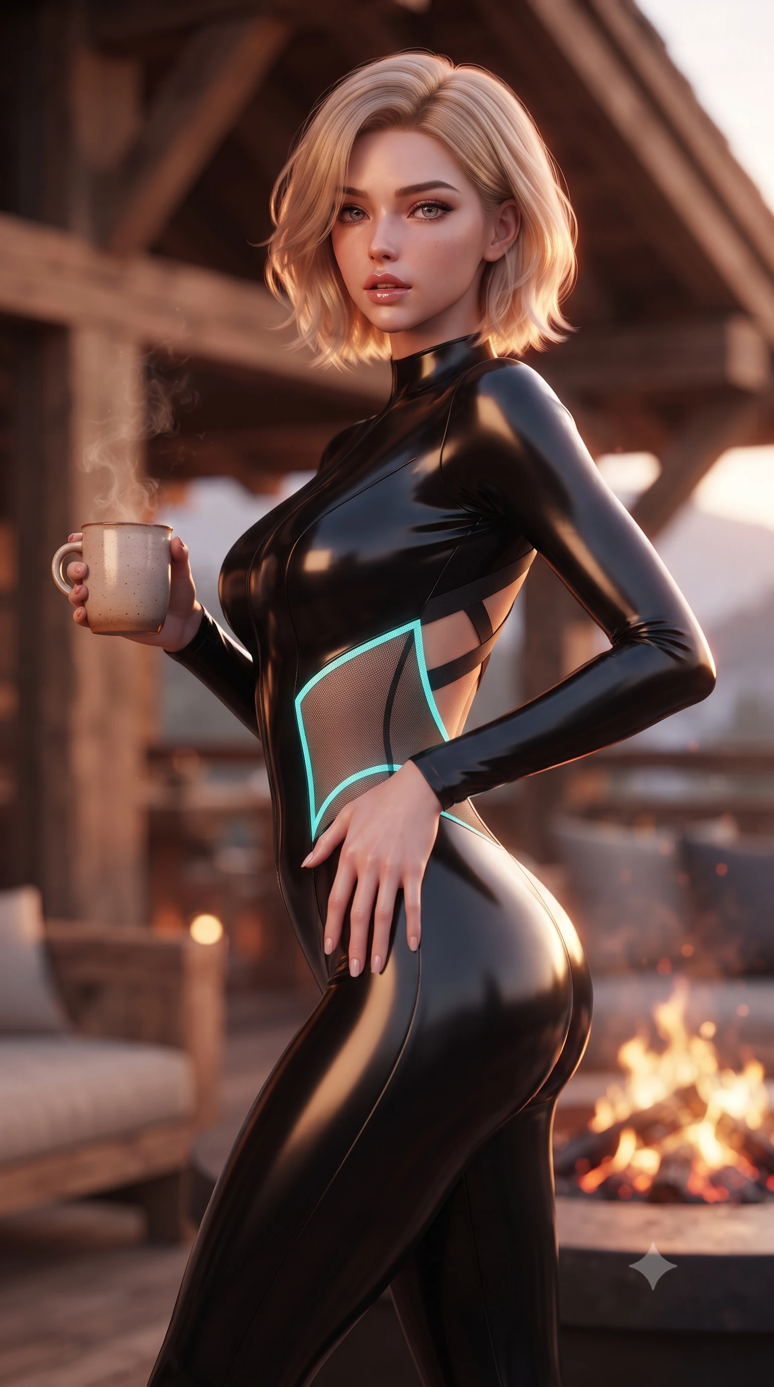 score_9, masterpiece, best quality, ultra-detailed, high-budget anime keyframe, editorial fashion photography, tasteful artistic composition, Caucasian woman. close-up cowboy shot from the waist and thighs up, the character dominates the composition, filling the frame with her large presence. resting one manicured hand delicately on her hip bone, her upper body turning in a fluid, seductive S-curve while parted lips glisten in the light while standing poised on the heated cedar terrace holding a mug of steaming spiced cider, her slender waist and feminine curves wrapped in luxury cashmere. The composition keeps background elements in soft focus with creamy bokeh. crackling fire pit embers and rustic larch-wood chalet beams softened in luxurious alpine shallow focus. She has an exceptionally elegant, slender, and willowy female figure with an ultra-slim waist, flat toned midriff, narrow ribcage, and sculpted feminine hips creating an alluring, slim hourglass silhouette without bulk. sharp v-shaped jawline, high-bridge nose, intricate jewel-like eyes with depth, thick eyelashes, glossy parted lips with a natural sheen, intensely captivating and seductive bedroom-eyes expression, flawlessly proportioned anatomical accuracy, strict slender model proportions, natural body alignment, perfectly sculpted long slender limbs, ultra-slim waistline, clean dynamic posture without body distortion. wearing a second-skin compression catsuit with an open back and sheer mesh side waist contouring in neon electric cyan and lacquer black, tailored from liquid silk jersey adhering flawlessly to her slender build, finished with criss-cross back satin straps highlighting her graceful shoulder blades, the glove-like aerodynamic silhouette tightly following the natural contour of her hips and long slender legs with statuesque 8.5-heads elegance. bathed in breathtaking rose-gold alpenglow backlighting from the setting sun and warm fire pit ambient glow. ultra-reflective glossy finish, specular highlights, rich textural contrasts, high-contrast stereoscopic depth, volumetric dynamic lighting, 2k, ultra detail, master piece, 9:16 ratio