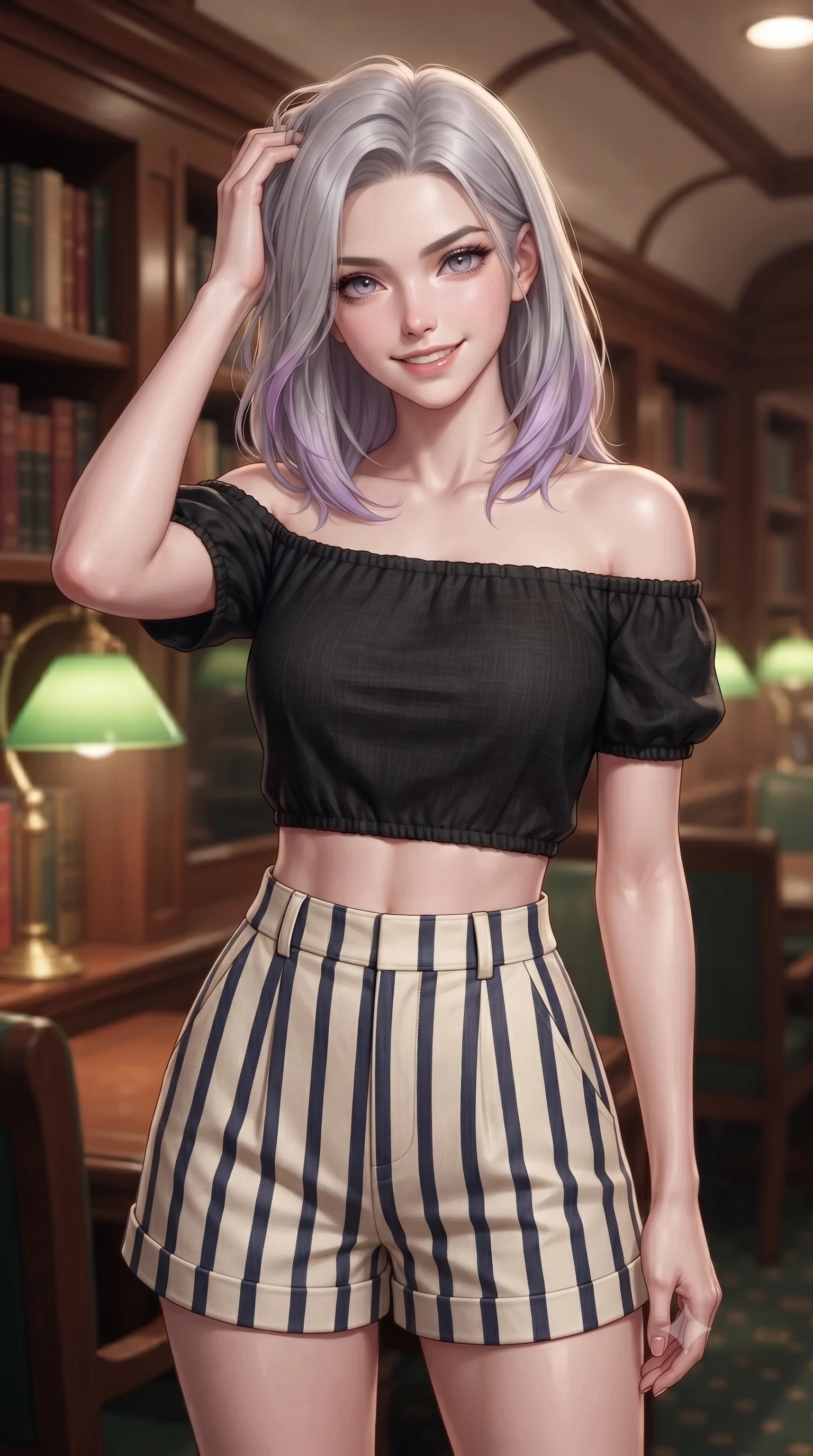 score_9, masterpiece, best quality, ultra-detailed, high-budget anime keyframe, editorial fashion photography, tasteful artistic composition, Caucasian woman. close-up cowboy shot from the waist and thighs up, the character dominates the composition, filling the frame with her large presence, background elements kept in soft focus. smiling with quiet, magnetic self-assurance directly into the camera, running a hand through her hair the background shows a soft-focus the library car of an exclusive rail liner with wood-lined shelves and green lamps. She has an exceptionally elegant, slender, and willowy female figure with an ultra-slim waist, a gracefully sculpted slender torso, and a refined silhouette. sharp v-shaped jawline, high-bridge nose, intricate jewel-like eyes with depth, thick eyelashes, glossy lips with a natural sheen. wearing a slim-fit chic off-shoulder crop top in black linen, paired with high-waisted striped resort shorts. soft warm glow from the reading lamps creating a quiet and meditative mood. ultra-reflective glossy finish, specular highlights, metallic sheen, high-contrast stereoscopic depth, volumetric dynamic lighting, 2k, ultra detail, master piece, 9:16 ratio