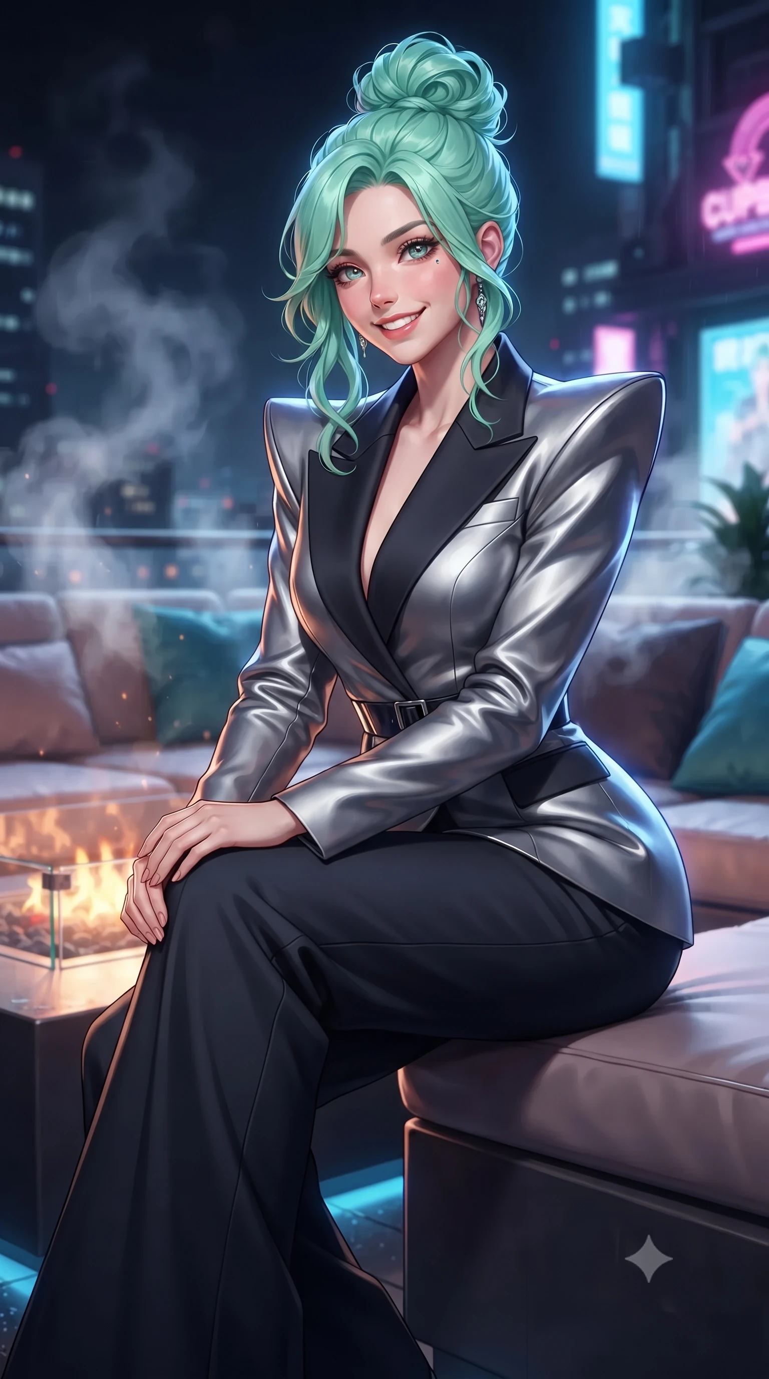 score_9, masterpiece, best quality, ultra-detailed, high-budget anime keyframe, editorial fashion photography, tasteful artistic composition, Japanese woman. close-up cowboy shot from the waist and thighs up, the character dominates the composition, filling the frame with her large presence. perched sideways on the lounge seat, one knee drawn up to showcase her slender leg line while her arched back accentuates her feminine hip curve while twisting her slender torso in an alluring contrapposto stance beside the sunken fire table, electric blue billboard reflections dancing across her narrow waist and curvy hips. The background shows a soft-focus wisps of rooftop exhaust steam softened in ultra-luxury cyberpunk penthouse shallow focus. She has an exceptionally elegant, slender, and willowy female figure with an ultra-slim waist, flat toned midriff, narrow ribcage, and sculpted feminine hips creating an alluring, slim hourglass silhouette without bulk. sharp v-shaped jawline, high-bridge nose, intricate jewel-like sparkling eyes with depth, thick eyelashes, glossy parted lips with a natural peach sheen, bright cheerful beaming smile with an enchanting and coquettish sensual glint, exuding both youthful cute charm and seductive allure, flawlessly proportioned anatomical accuracy, strict slender model proportions, natural body alignment, perfectly sculpted long slender limbs, ultra-slim waistline, clean dynamic posture without body distortion. wearing a bespoke Neo-Tokyo structured blazer with angular padded shoulders and wide-leg tailored tech-wool trousers in liquid mercury chrome and deep midnight obsidian, crafted from bespoke double-faced cashmere with an exceptionally soft tactile finish, finished with sleek magnetic buckle closures fluttering in the breeze, the impeccably tailored cut draping gracefully along her slender figure with aristocratic poise. illuminated by rain-slicked deck bounce and sharp cobalt-blue rim lights sculpting her jawline, narrow waist, and curvy hips. ultra-reflective glossy finish, specular highlights, rich textural contrasts, high-contrast stereoscopic depth, volumetric dynamic lighting, 2k, ultra detail, master piece, 9:16 ratio