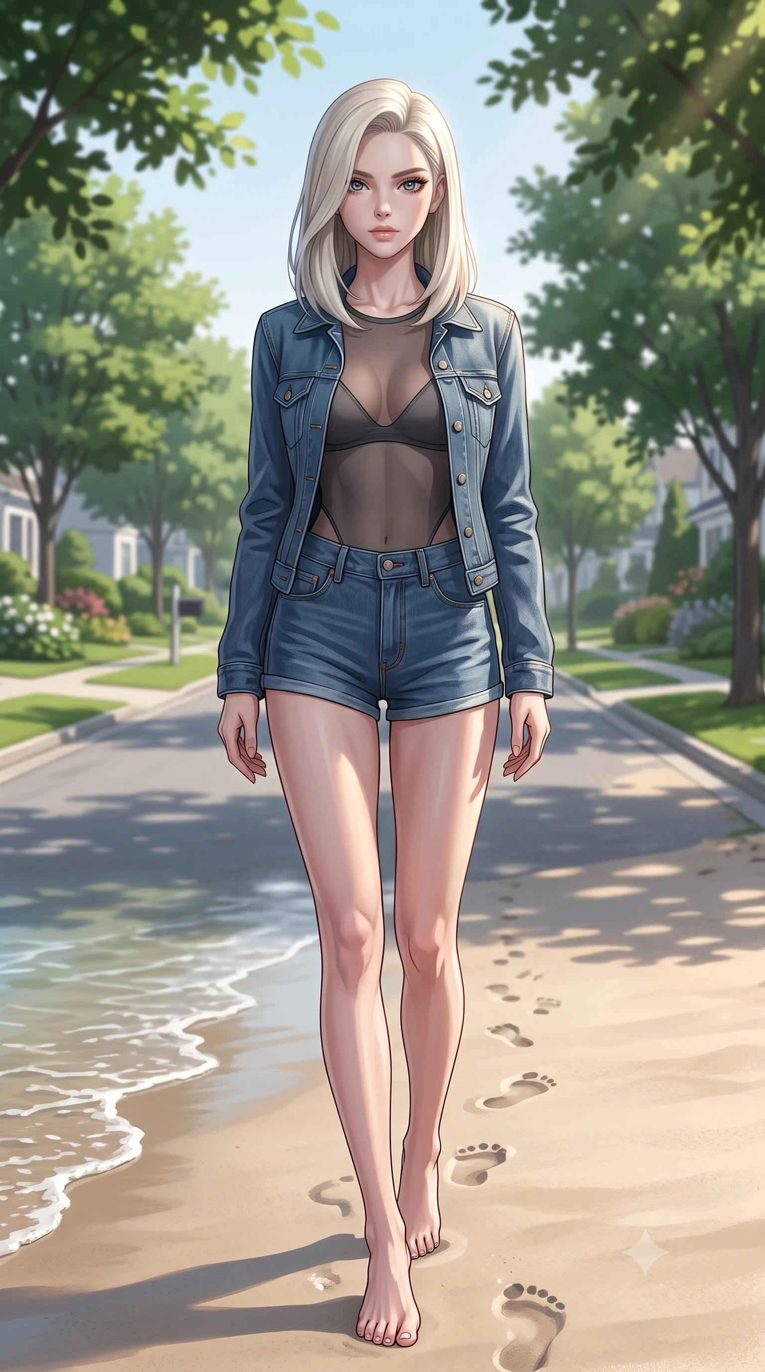 score_9, masterpiece, best quality, ultra-detailed, high-budget anime keyframe, editorial fashion photography, tasteful artistic composition, Caucasian woman woman. low angle full-body shot from head to toe showing her feet, filling the entire 9:16 vertical frame with her statuesque presence, stretching her vertical silhouette. walking slowly along the shoreline, leaving footprints in the wet sand the background shows a soft-focus a quiet residential street lined with green trees and neat gardens under a clear sky. She has an absolutely perfect, statuesque 8.5-heads proportion, an exceptionally tall and slender model-like female figure with impossibly long slender legs and an ultra-slim waist. sharp v-shaped jawline, high-bridge nose, intricate jewel-like eyes with depth, thick eyelashes, glossy lips with a natural sheen. wearing a tailored sheer mesh bodysuit in dark grey, worn with a tailored open denim jacket and shorts. soft dappled sunlight filtering through roadside tree leaves. 2k, ultra detail, master piece, 9:16 ratio