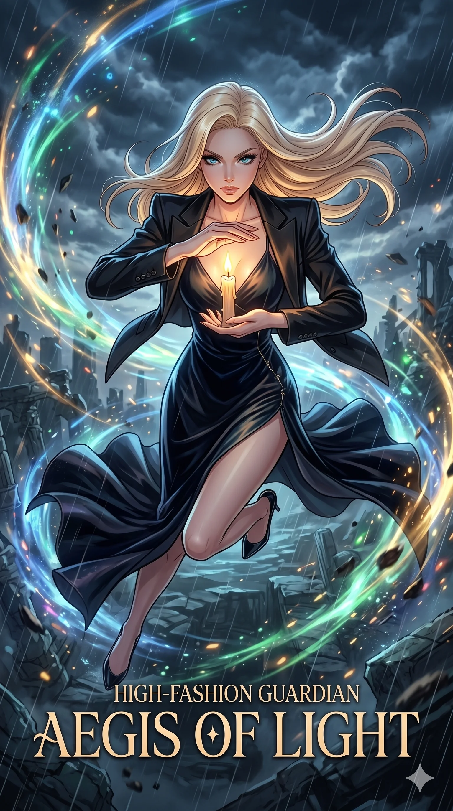 score_9, masterpiece, best quality, ultra-detailed, high-budget anime movie keyframe, cinematic anime lighting, intricate line art, Caucasian (strictly human ears) woman. Extreme high angle shot as she leaps towards the camera, filling the frame. shielding a flickering candle from a hurricane of magical energy. She has an absolutely perfect 8-heads proportion, an exceptionally tall and slender female figure with an ultra-slim waist and impossibly long slender legs. strictly human anatomy, two legs only, no extra limbs, clearly defined legs and arms, perfect anatomy, perfect hands and fingers. sharp v-shaped jawline, high-bridge nose, intricate jewel-like eyes, thick eyelashes, glossy lips. Wearing High-Fashion Editorial: Silk slip dress with high side slit, backless velvet gown, and structured blazer with nothing underneath. The scene is illuminated by dramatic atmospheric lighting and vibrant color palettes. , 2k, ultra detail, master piece, 9:16 ratio