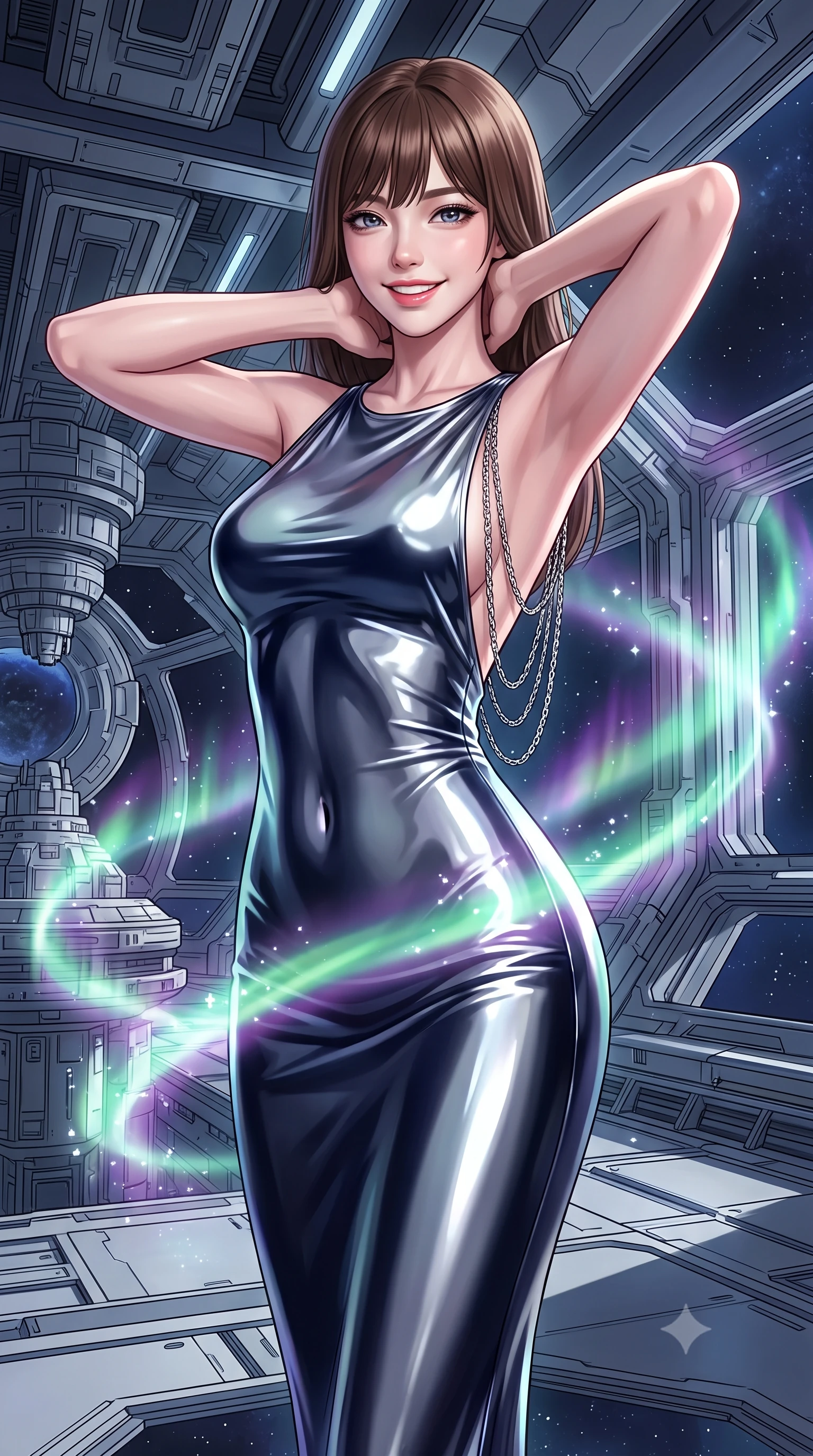 score_9, masterpiece, best quality, ultra-detailed, high-budget anime keyframe, semi-realistic 3D game render, editorial fashion photography, tasteful artistic composition, Korean woman. close-up cowboy shot from the waist and thighs up, the character dominates the composition, filling the frame with her large presence. resting both hands lightly behind her neck with elbows raised, arching her spine to highlight her narrow waist, flat midriff, and breathtaking collarbones while twisting her slender torso in an alluring contrapposto stance, aurora light ribbons wrapping around her narrow waist and curvy hips. The surrounding environment is rendered in vivid detail and crisp panoramic clarity: detailed anime keyframe lines, rich glossy textures, and cutting-edge orbital station structure in razor-sharp precision. She has an exceptionally elegant, slender, and willowy female figure with an ultra-slim waist, flat toned midriff, narrow ribcage, and sculpted feminine hips creating an alluring, slim hourglass silhouette without bulk. sharp v-shaped jawline, high-bridge nose, intricate jewel-like sparkling eyes with depth, thick eyelashes, glossy parted lips with a natural peach sheen, bright cheerful beaming smile with an enchanting and coquettish sensual glint, exuding both youthful cute charm and seductive allure, flawlessly proportioned anatomical accuracy, strict slender model proportions, natural body alignment, perfectly sculpted long slender limbs, ultra-slim waistline, clean dynamic posture without body distortion. wearing a form-fitting liquid mercury jersey evening dress clinging smoothly to her narrow waist and rounded hips in liquid mercury chrome and deep midnight obsidian, tailored from high-gloss patent leather with mirror-like specular highlights, accented with an open-back drape framed by falling strands of delicate chrome chains, the bespoke structured tailoring following the natural line of her 8.5-heads silhouette with refined elegance. bathed in iridescent green and purple polar aurora luminescence mixed with crisp white starlight. highly saturated vibrant anime colors, detailed shading with soft gradients, rich glossy textures, high-contrast stereoscopic depth, volumetric dynamic lighting, master piece, 9:16 ratio