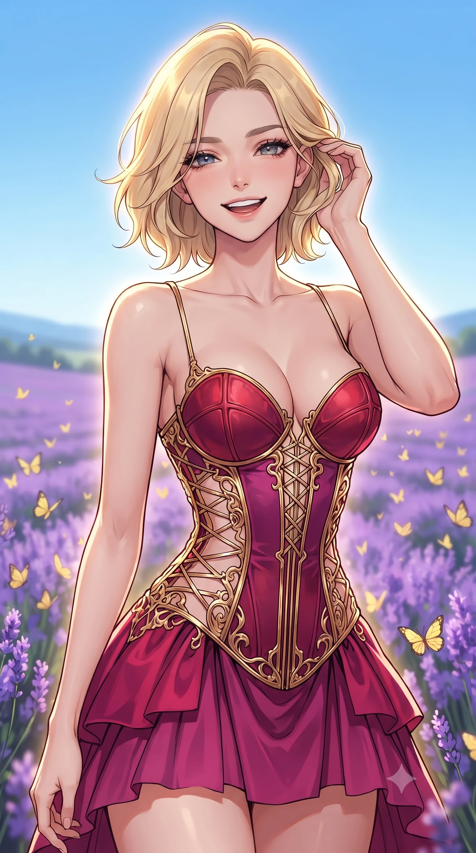 score_9, masterpiece, best quality, ultra-detailed, high-budget anime keyframe, editorial fashion photography, tasteful artistic composition, gorgeous anime illustration, with clean line-art, distinct ink outlines, and high-contrast stereoscopic depth, Caucasian woman, strictly human ears. close-up cowboy shot from the waist and thighs up, the character dominates the composition, filling the frame with her large presence, background elements kept in soft focus. Laughing softly while brushing a strand of hair behind her ear. set against a soft-focus background of in an endless rolling valley covered in blooming violet lavender under a clear sky, with swarms of yellow butterflies dancing over the flowers. She has an exceptionally elegant, slender, and willowy female figure with a highly-defined ultra-slim waist, a gracefully sculpted slender torso, and a refined slim-fit silhouette that contours her form. sharp v-shaped jawline, high-bridge nose, intricate jewel-like eyes with depth, thick eyelashes, glossy lips with a natural sheen. wearing a deconstructed corset dress in deep magenta with exposed gold lacing and structured crimson cups. dramatic backlight creating a radiant halo effect around her entire silhouette. 2k, ultra detail, master piece, 9:16 ratio, highly saturated vibrant anime colors, detailed cel-shading with soft gradients, rich glossy textures, deep contrast, volumetric dynamic lighting, 2d animation style