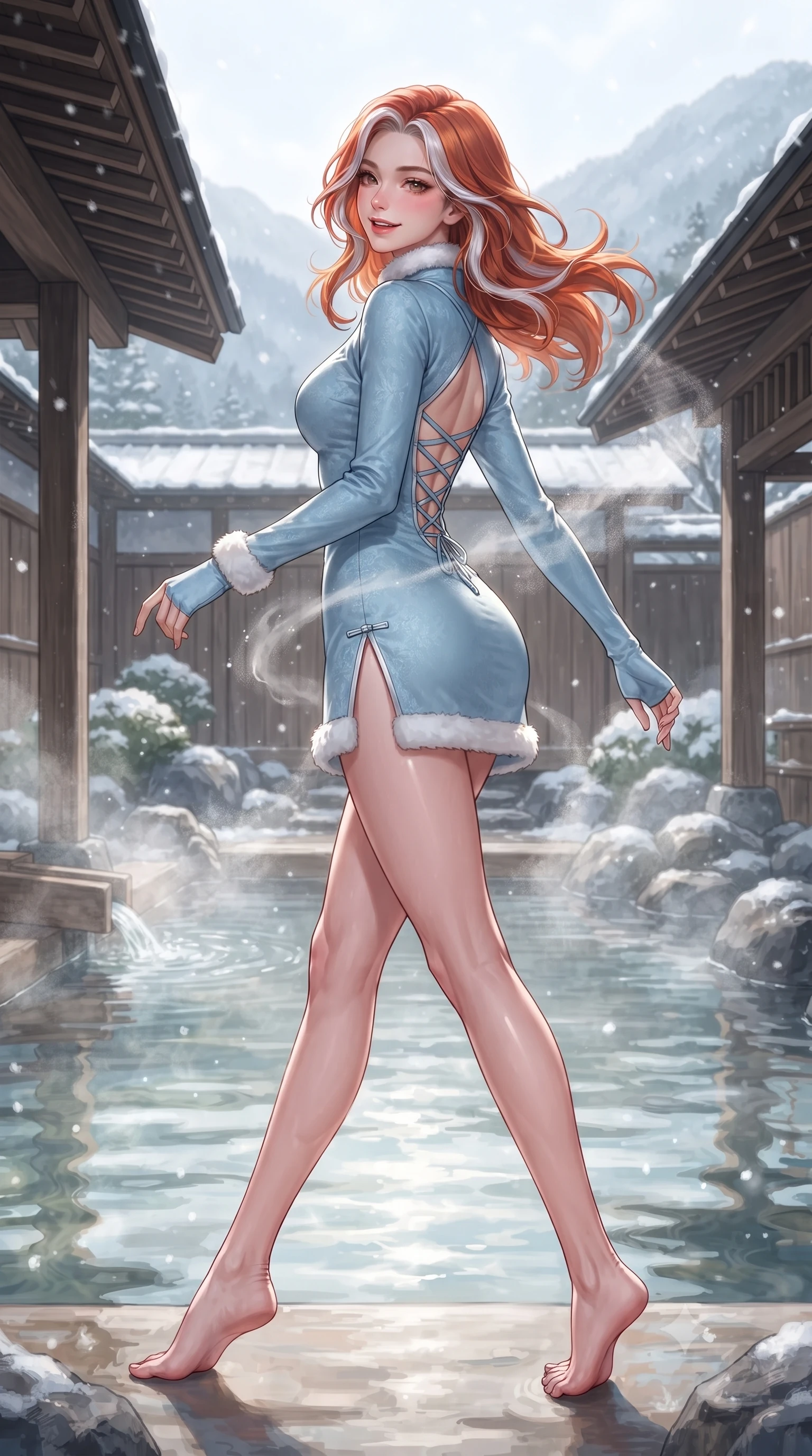 score_9, masterpiece, best quality, ultra-detailed, high-budget anime keyframe, editorial fashion photography, tasteful artistic composition, Caucasian woman. low angle full-body shot from head to toe showing her feet, filling the entire 9:16 vertical frame with her statuesque presence, stretching her vertical silhouette. executing a cheerful mid-motion pivot turn as her winter skirt flutters around her slender legs, glancing over her shoulder with an intoxicating, teasing bedroom-gaze while twisting her slender torso in an alluring contrapposto stance, rising mineral steam and snow flurries curling around her narrow waist and curvy hips. The surrounding environment is rendered in vivid detail and crisp panoramic clarity. detailed loungewear weave, glowing flushed cheeks, and traditional Japanese mountain onsen craftsmanship in high resolution. She has an exceptionally tall and slender model-like 8.5-heads proportion, an ultra-slim waist, a flat toned midriff, narrow delicate ribcage, and beautifully sculpted feminine hips creating a graceful, slim hourglass silhouette without any bulky heaviness, with impossibly long slender legs. sharp v-shaped jawline, high-bridge nose, sparkling ice-crystal eyes with depth, frosty thick lashes, glossy parted lips with a rosy berry sheen, bright playful smile with an intoxicating seductive glint, rosy flushed cheeks radiating cozy warmth and dangerous allure, flawlessly proportioned anatomical accuracy, strict slender model proportions, natural body alignment, perfectly sculpted long slender limbs, ultra-slim waistline, clean dynamic posture without body distortion. wearing a modern cute winter qipao mini dress in frost-blue silk with white fur trim and side hip slits in glacial ice-blue and crisp alpine white, made of supple second-skin thermal stretch jersey clinging flawlessly to her form, finished with criss-cross back satin laces tracing her slender spine, the glove-like silhouette tightly following the natural contour of her hips and long slender legs with youthful 8.5-heads elegance. illuminated by steaming spring water caustics and crisp silver rim lighting sharply carving her razor-sharp jawline, narrow waist, and curvy hips. ultra-reflective glossy finish, specular highlights, rich textural contrasts, high-contrast stereoscopic depth, volumetric dynamic lighting, 2k, ultra detail, master piece, 9:16 ratio