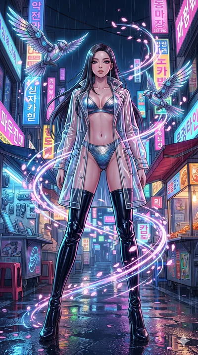 score_9, masterpiece, best quality, ultra-detailed, Set A: High-budget Anime Keyframe, Korean woman. Low angle cowboy shot filling the entire 9:16 frame with her statuesque presence. Standing victoriously through a neon-lit Neo-Seoul market, surround