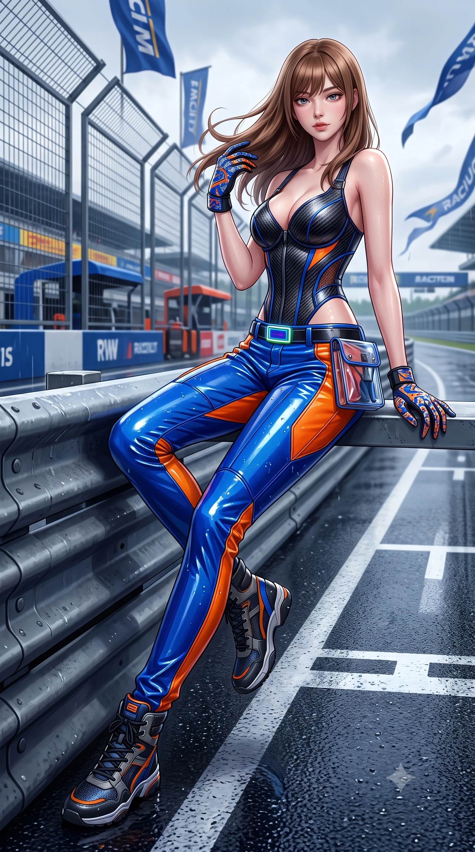 score_9, masterpiece, best quality, ultra-detailed, high-budget anime keyframe, semi-realistic 3D game render, editorial fashion photography, tasteful artistic composition, Korean woman. low angle full-body shot from head to toe showing her feet, filling the entire 9:16 vertical frame with her statuesque presence, stretching her vertical silhouette. sitting poised on the elevated edge with legs crossed and extended, her tall 8.5-heads proportions dominating the scene with effortless poise while leaning against a heavy track barrier, tossing her hair over one shoulder as wind whips the racing circuit banners. The surrounding environment is rendered in vivid detail and crisp panoramic clarity. crisp starting grid painted lines, rain droplet beads on leather jacket, and circuit fencing in deep focus. She has an absolutely perfect, statuesque 8.5-heads proportion, an exceptionally tall and slender model-like female figure with impossibly long slender legs, a toned flat midriff, and an ultra-slim waist. sharp v-shaped jawline, high-bridge nose, intricate jewel-like eyes with depth, thick eyelashes, glossy parted lips with a natural sheen, intensely captivating and seductive expression, flawlessly proportioned anatomical accuracy, strict slender model proportions, natural body alignment, perfectly sculpted long slender limbs, ultra-slim waistline, clean dynamic posture without body distortion. wearing a deconstructed carbon-fiber corset top paired with low-slung leather utility trousers in electric cobalt blue and high-contrast orange, tailored from high-gloss patent vinyl with sharp specular chiaroscuro, complemented by a neon LED belt buckle and translucent vinyl tool pouch, the sleek tactical cut tightly hugging her graceful clavicle, narrow waist, and athletic curves with statuesque precision. illuminated by crisp directional rim lighting sharply defining her razor-sharp jawline and feminine curves. highly saturated vibrant anime colors, detailed shading with soft gradients, rich glossy textures, high-contrast stereoscopic depth, volumetric dynamic lighting, master piece, 9:16 ratio