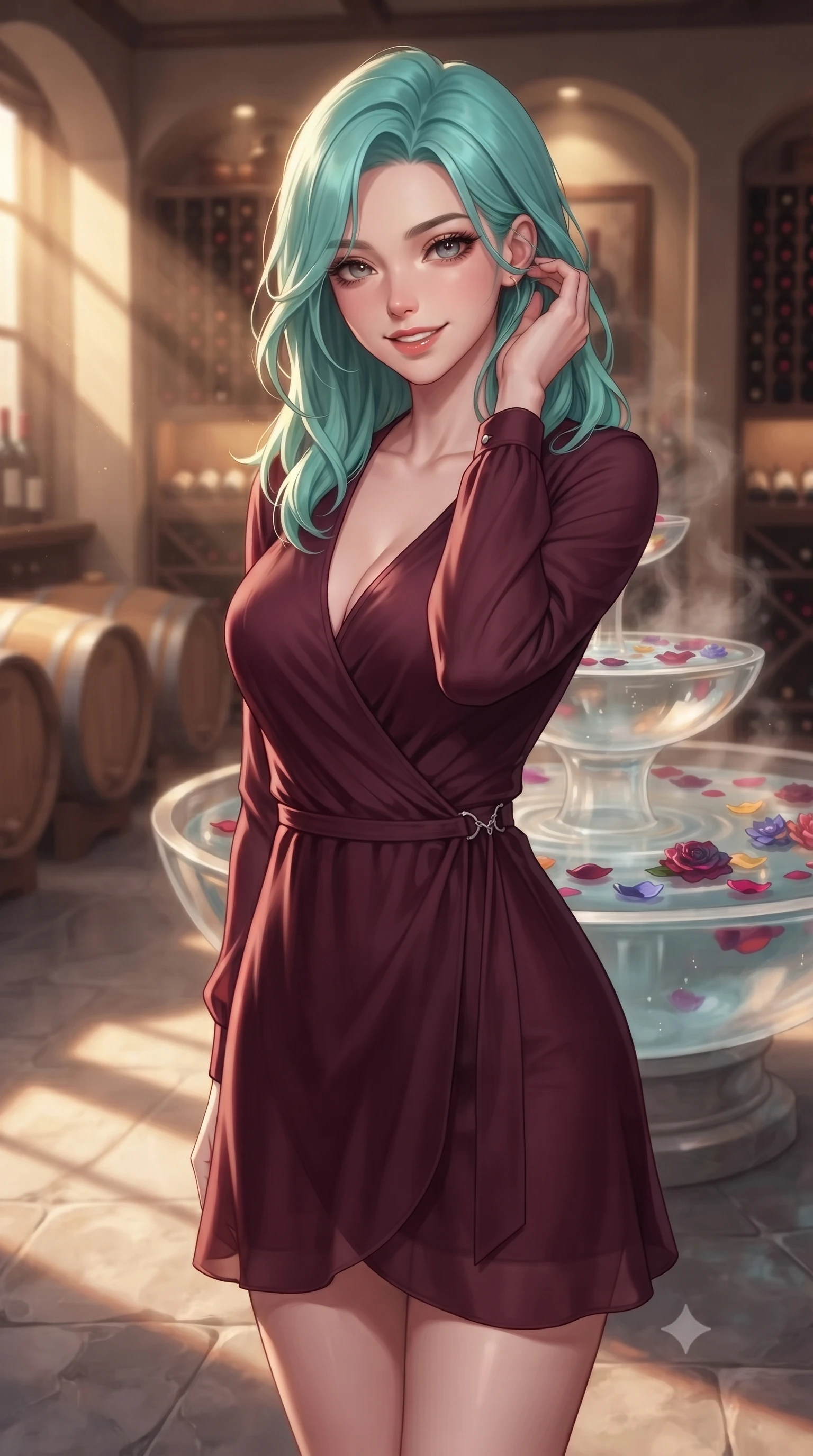 score_9, masterpiece, best quality, ultra-detailed, high-budget anime keyframe, editorial fashion photography, tasteful artistic composition, Japanese woman. close-up cowboy shot from the waist and thighs up, the character dominates the composition, filling the frame with her large presence, background elements kept in soft focus. flashing a warm, intoxicating grin while gently tucking a strand of hair behind her ear set against a soft-focus background of inside an exclusive wine cellar alcove with rising mineral steam and floating flower petals on the clear water surface. She has an exceptionally elegant, slender, and willowy female figure with an ultra-slim waist, a gracefully sculpted slender torso, and a refined silhouette. sharp v-shaped jawline, high-bridge nose, intricate jewel-like eyes with depth, thick eyelashes, glossy lips with a natural sheen. wearing slim-fit deep burgundy semi-opaque chiffon sleek long-sleeve silk wrap dress contouring her ultra-slim waist elegantly accented with delicate silver hardware. bathed in warm golden hour sunbeams that cast long, romantic shadows across the floor. highly saturated vibrant anime colors, detailed shading with soft gradients, rich glossy textures, high-contrast stereoscopic depth, volumetric dynamic lighting, master piece, 9:16 ratio