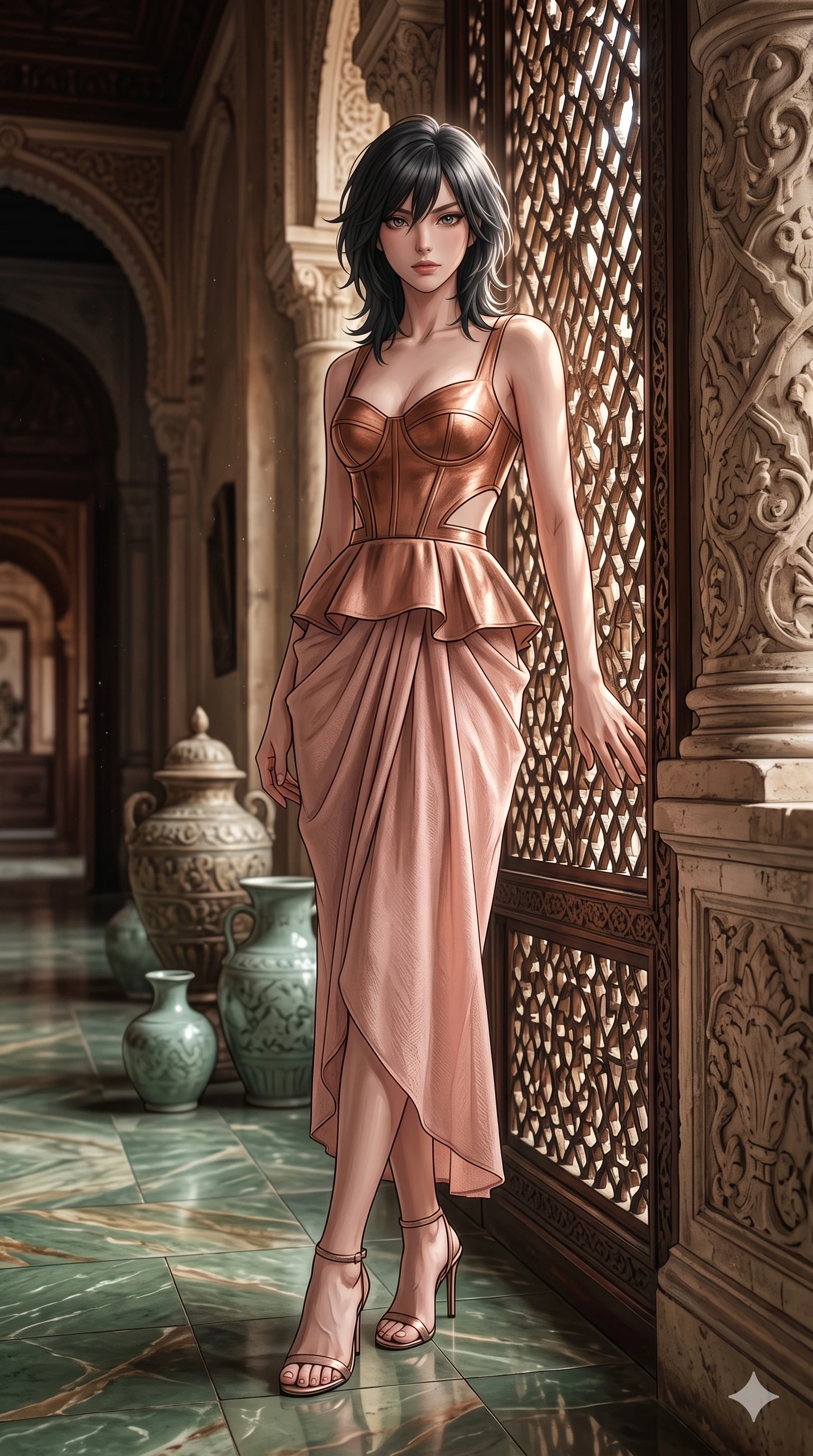 score_9, masterpiece, best quality, ultra-detailed, high-budget anime keyframe, semi-realistic 3D game render, editorial fashion photography, tasteful artistic composition, Caucasian woman. low angle full-body shot from head to toe showing her feet, filling the entire 9:16 vertical frame with her statuesque presence, stretching her vertical silhouette. standing tall beside the carved palazzo column, one hand resting high while arching her lower back to emphasize her sculpted feminine hips and slender waist while leaning against the carved lattice screen with hips cocked back, resting her chin on one hand while casting an alluring bedroom-gaze into the camera. The surrounding environment is rendered in vivid detail and crisp panoramic clarity: sharp wood lattice joinery, polished jade stone carvings, and fine celadon glaze crackle textures in deep focus. She has an exceptionally tall and slender model-like 8.5-heads proportion, an ultra-slim waist, a flat toned midriff, narrow delicate ribcage, and beautifully sculpted feminine hips creating a graceful, slim hourglass silhouette without any bulky heaviness, with impossibly long slender legs. sharp v-shaped jawline, high-bridge nose, intricate jewel-like sparkling eyes with depth, thick eyelashes, glossy parted lips with a natural sheen, intensely captivating and seductive bedroom-eyes expression, exuding both youthful cute charm and sovereign luxury allure, flawlessly proportioned anatomical accuracy, strict slender model proportions, natural body alignment, perfectly sculpted long slender limbs, ultra-slim waistline, clean dynamic posture without body distortion. wearing a modern peplum corset dress with side-waist diamond cutouts and an ultra-tight silhouette in rose-quartz blush and burnished copper, tailored from heavy double-faced silk georgette with an exceptionally fluid drape, complemented by strappy stiletto sandals with metallic ankle wraps accentuating her slender calves, the form-contouring cut accentuating her sculpted flat midriff, narrow delicate ribcage, and gracefully curvy hips with intoxicating allure. illuminated by lacquer table bounce and sharp jade-gold rim lights sculpting her razor-sharp jawline, narrow waist, and curvy hips. highly saturated vibrant anime colors, detailed shading with soft gradients, rich glossy textures, high-contrast stereoscopic depth, volumetric dynamic lighting, master piece, 9:16 ratio