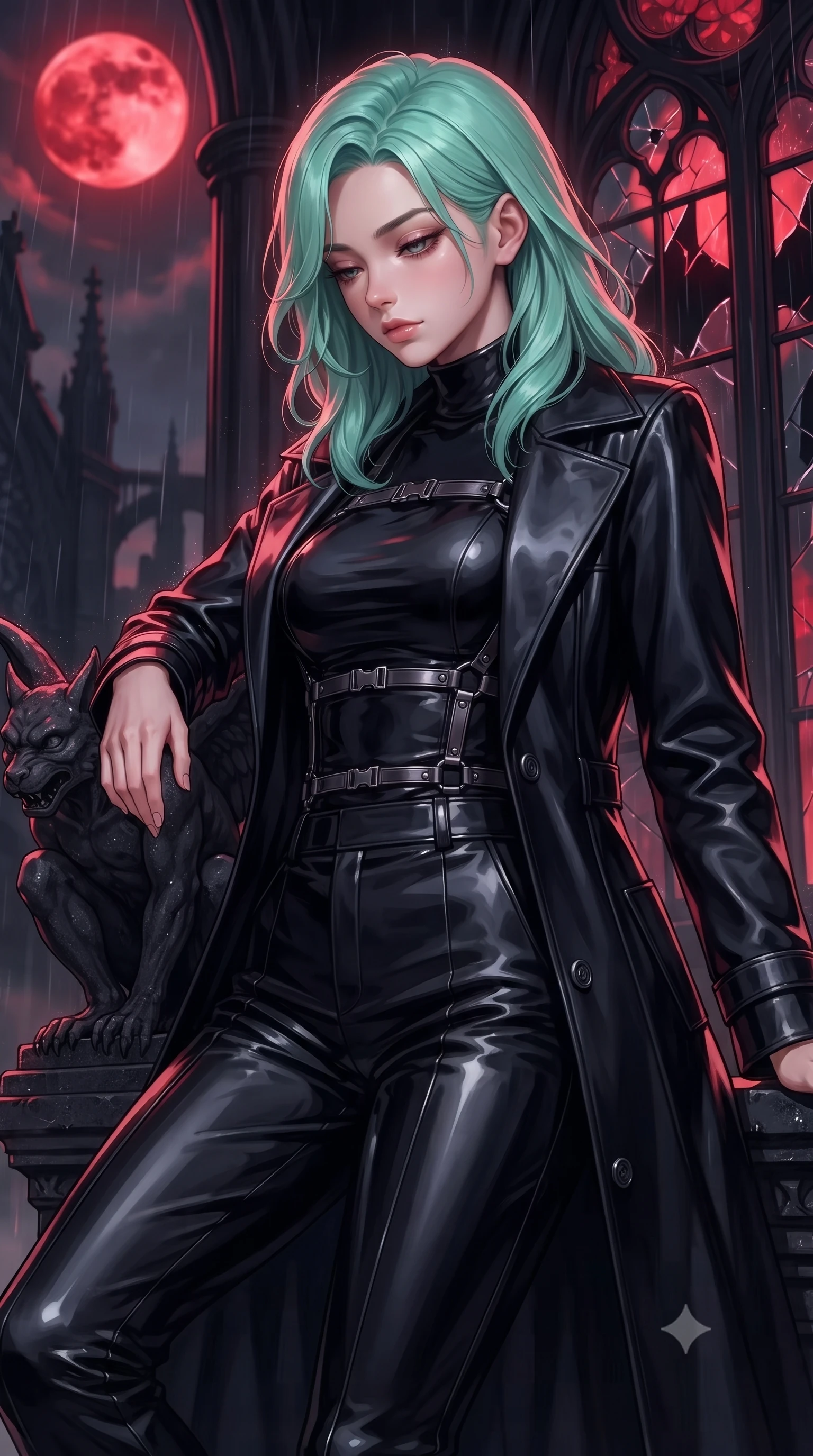 score_9, masterpiece, best quality, ultra-detailed, high-budget anime keyframe, editorial fashion photography, tasteful artistic composition, Japanese woman. close-up cowboy shot from the waist and thighs up, the character dominates the composition, filling the frame with her large presence, background elements kept in soft focus. Looking down with lowered lashes and a composed, powerful dark aura, resting against a carved black granite gothic gargoyle under a blood-red moon, midnight rain streaming down shattered dark stained glass. She has an exceptionally elegant, slender, and willowy female figure with an ultra-slim waist, a gracefully sculpted slender torso, and a refined silhouette. sharp v-shaped jawline, high-bridge nose, intricate jewel-like eyes with depth, thick eyelashes, glossy lips with a natural sheen. wearing structured dark leather long coat over turtleneck and tailored slacks in obsidian black, made of high-gloss liquid vinyl, highlighted by a gunmetal metallic harness structure, the fitted fabric emphasizing her ultra-slim waist. illuminated by dramatic blood-crimson window light and deep obsidian shadows. highly saturated vibrant anime colors, detailed shading with soft gradients, rich glossy textures, high-contrast stereoscopic depth, volumetric dynamic lighting, master piece, 9:16 ratio