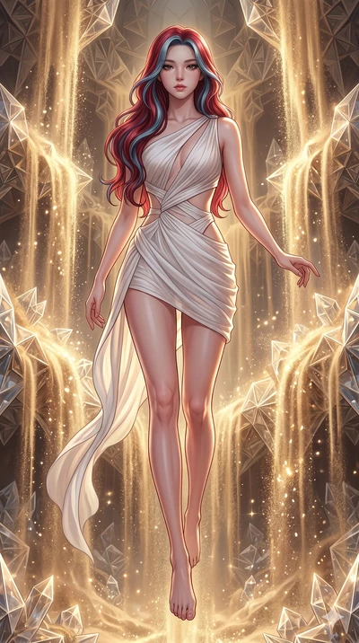 score_9, masterpiece, best quality, ultra-detailed, high-budget anime keyframe, Korean woman. low angle full-body shot filling the entire 9:16 frame with her statuesque presence, stretching the vertical silhouette. descending through a fractal quicks