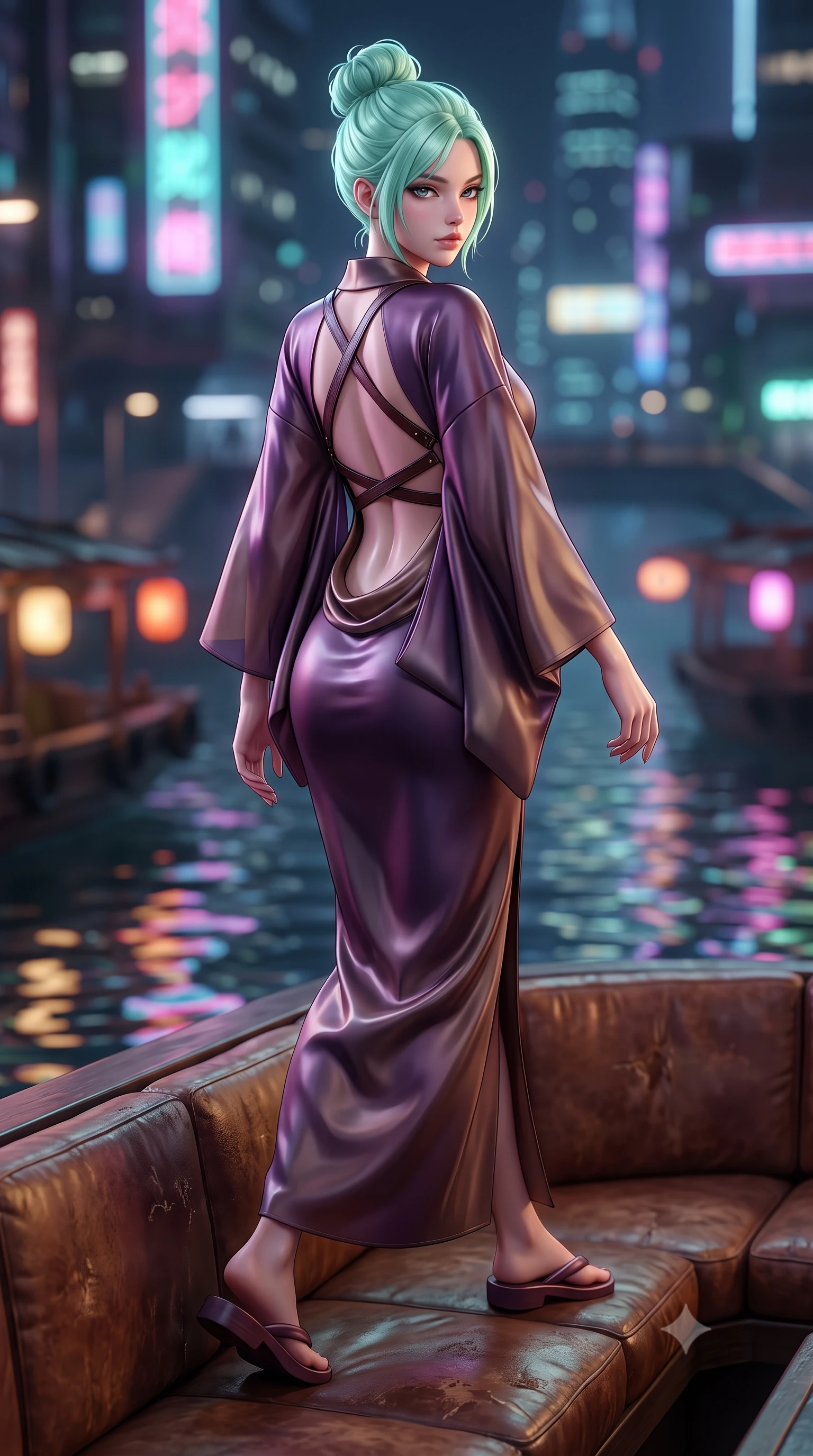 score_9, masterpiece, best quality, ultra-detailed, high-budget anime keyframe, semi-realistic 3D game render, editorial fashion photography, tasteful artistic composition, Japanese woman. low angle full-body shot from head to toe showing her feet, filling the entire 9:16 vertical frame with her statuesque presence, stretching her vertical silhouette. striding forward in a proud supermodel runway stride, hips swaying in an alluring kinetic rhythm that accentuates her curvy hourglass silhouette while reclining on a low leather booth aboard the floating salon, her slender waist and curved hips sculpted by harbor chiaroscuro and neon reflections. The composition keeps background elements in soft focus with creamy bokeh. bobbing lantern barges and harbor water ripples softened in moody cyberpunk shallow focus. She has an exceptionally tall and slender model-like 8.5-heads proportion, an ultra-slim waist, a flat toned midriff, narrow delicate ribcage, and beautifully sculpted feminine hips creating a graceful, slim hourglass silhouette without any bulky heaviness, with impossibly long slender legs. sharp v-shaped jawline, high-bridge nose, intricate jewel-like eyes with depth, thick eyelashes, glossy parted lips with a natural sheen, intensely captivating and seductive bedroom-eyes expression, flawlessly proportioned anatomical accuracy, strict slender model proportions, natural body alignment, perfectly sculpted long slender limbs, ultra-slim waistline, clean dynamic posture without body distortion. wearing a delicate semi-translucent silk yukata that clings to her wet skin and curvy hip contours in deep plum violet and antique bronze, tailored from ultra-smooth duchess satin with a pearlescent sheen, featuring an open-back criss-cross harness strap in dark leather, the dramatically scooped open back descending to the base of her spine, accentuating her razor-sharp statuesque lines and slim hourglass silhouette. illuminated by rippling harbor water specular reflections accentuating her sculpted midriff, narrow waist, and curvy hips. highly saturated vibrant anime colors, detailed shading with soft gradients, rich glossy textures, high-contrast stereoscopic depth, volumetric dynamic lighting, master piece, 9:16 ratio