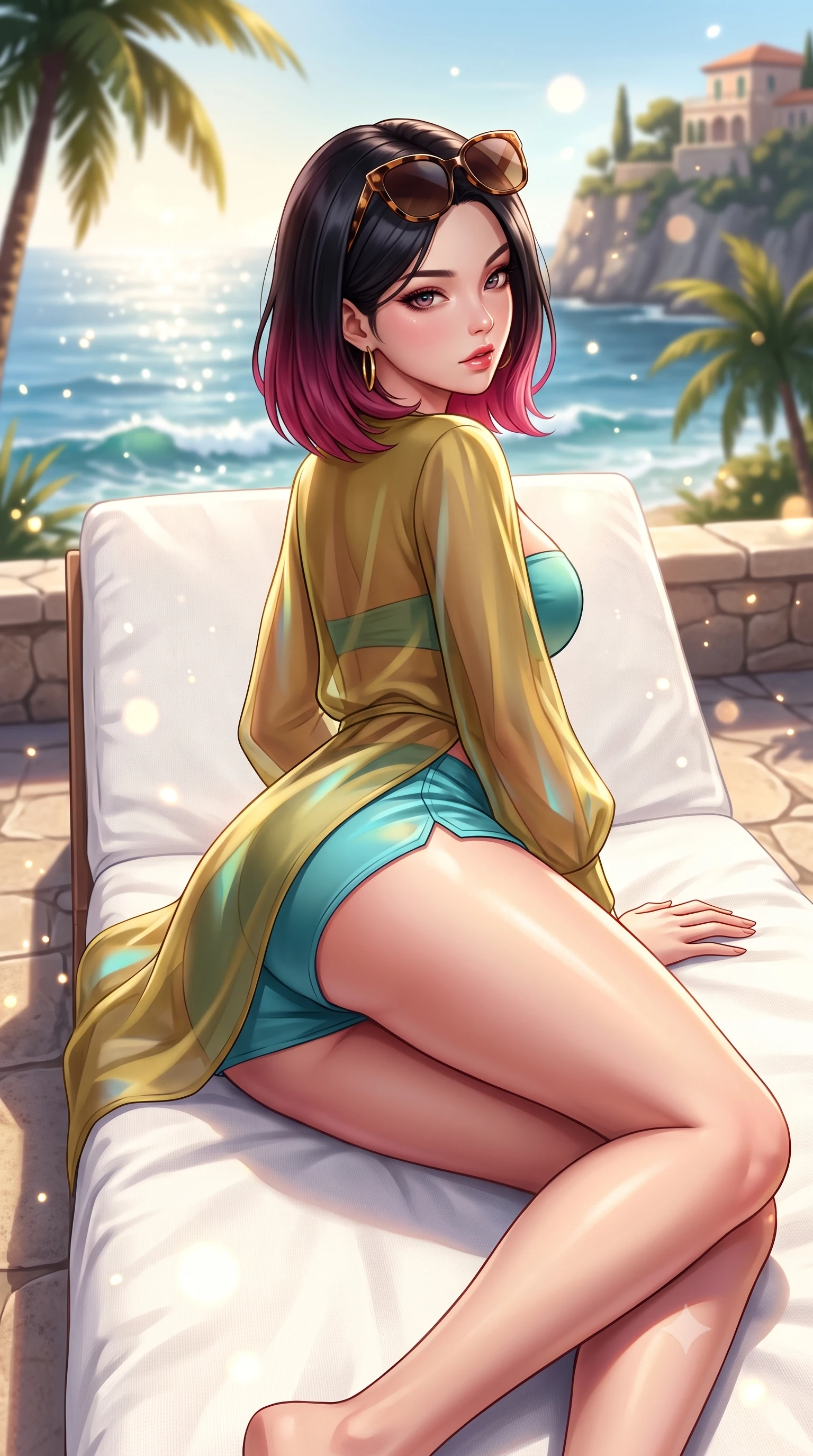 score_9, masterpiece, best quality, ultra-detailed, high-budget anime keyframe, semi-realistic 3D game render, editorial fashion photography, tasteful artistic composition, Korean woman. close-up cowboy shot from the waist and thighs up, the character dominates the composition, filling the frame with her large presence. twisting her slender torso in a deep contrapposto stance, hips dramatically shifted to accentuate her feminine curves while looking past her shoulder with smoldering bedroom-eyes while lying face down on a plush sunbed with head turned toward the camera, legs playfully bent at the knees to highlight her rounded hip silhouette. The composition keeps background elements in soft focus with creamy bokeh. sunlight sparkle on ocean crests and champagne fizz scattering warm radiant light motes. She has an exceptionally elegant, slender, and willowy female figure with an ultra-slim waist, a gracefully sculpted slender torso, toned flat midriff, and rounded feminine hips creating an alluring hourglass silhouette. sharp v-shaped jawline, high-bridge nose, intricate jewel-like eyes with depth, thick eyelashes, glossy parted lips with a natural sheen, intensely captivating and seductive bedroom-eyes expression, flawlessly proportioned anatomical accuracy, strict slender model proportions, natural body alignment, perfectly sculpted long slender limbs, ultra-slim waistline, clean dynamic posture without body distortion. wearing a breezy linen coverup worn over a form-contouring bandeau top and micro-shorts in olive gold and Mediterranean turquoise, crafted from weightless prism organza that refracts light with every motion, accessorized with oversized designer tortoiseshell sunglasses and gold hoop earrings, the form-contouring material adhering flawlessly to her sculpted flat midriff and slender torso, emphasizing her long leg lines and perfectly proportioned willowy build. surrounded by an opulent, sun-drenched, and breathtakingly seductive jet-set heiress aura. highly saturated vibrant anime colors, detailed shading with soft gradients, rich glossy textures, high-contrast stereoscopic depth, volumetric dynamic lighting, master piece, 9:16 ratio