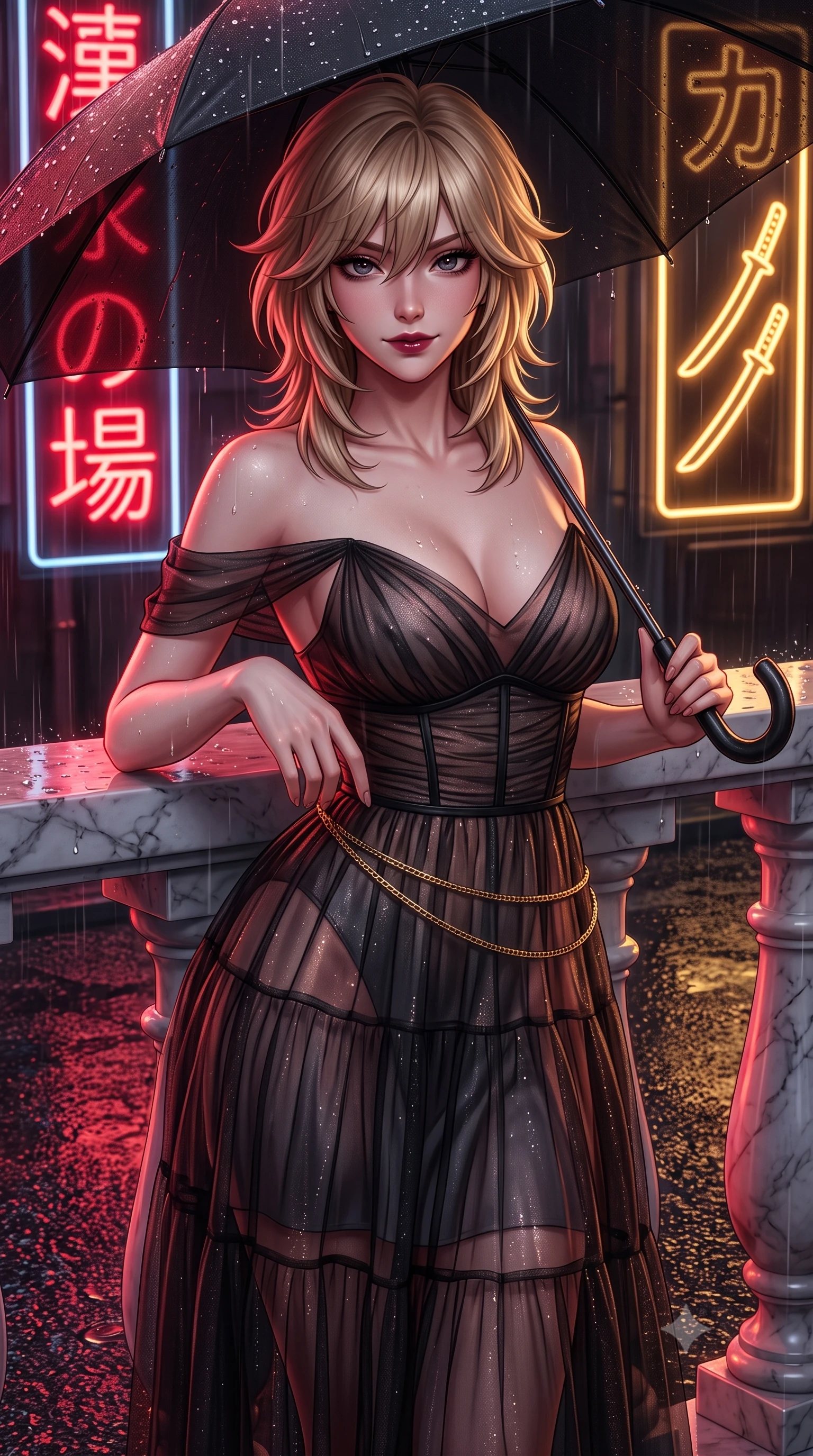score_9, masterpiece, best quality, ultra-detailed, high-budget anime keyframe, semi-realistic 3D game render, editorial fashion photography, tasteful artistic composition, Japanese woman. close-up cowboy shot from the waist and thighs up, the character dominates the composition, filling the frame with her large presence. resting one elbow on the marble balustrade while arching her spine with dancer poise, her dark bedroom-eyes casting a magnetic sidelong glance while resting one hand on the umbrella handle while turning in an alluring contrapposto stance, her smoldering bedroom-eyes holding the lens with magnetic intensity. The surrounding environment is rendered in vivid detail and crisp panoramic clarity. sharp rain droplet beads on the black vinyl umbrella, asphalt texture glisten, and neon glass tube clarity in deep focus. She has an exceptionally elegant, slender, and willowy female figure with an ultra-slim waist, flat toned midriff, narrow ribcage, and sculpted feminine hips creating an alluring, slim hourglass silhouette without bulk. sharp v-shaped jawline, high-bridge nose, intricate jewel-like dark sparkling eyes with dangerous depth, thick curled eyelashes, glossy parted lips with a rich wine sheen, smoldering seductive half-smile with bedroom-eyes, exuding effortless superiority and intoxicating dark allure, flawlessly proportioned anatomical accuracy, strict slender model proportions, natural body alignment, perfectly sculpted long slender limbs, ultra-slim waistline, clean dynamic posture without body distortion. wearing a tiered semi-sheer black tulle and silk slip dress with an ultra-slim corseted waist and bare shoulders in smoky charcoal slate and molten rose gold, woven from metallic lurex thread casting subtle starlight glints across the fabric, finished with a delicate gold snake chain belt resting loosely across her curvy hips, the form-contouring cut accentuating her sculpted flat midriff, narrow delicate ribcage, and gracefully curvy hips with sovereign high-fashion precision. bathed in intense saturated crimson and warm gold neon underlights contrasting with dark rain-soaked shadow tones. highly saturated vibrant anime colors, detailed shading with soft gradients, rich glossy textures, high-contrast stereoscopic depth, volumetric dynamic lighting, master piece, 9:16 ratio
