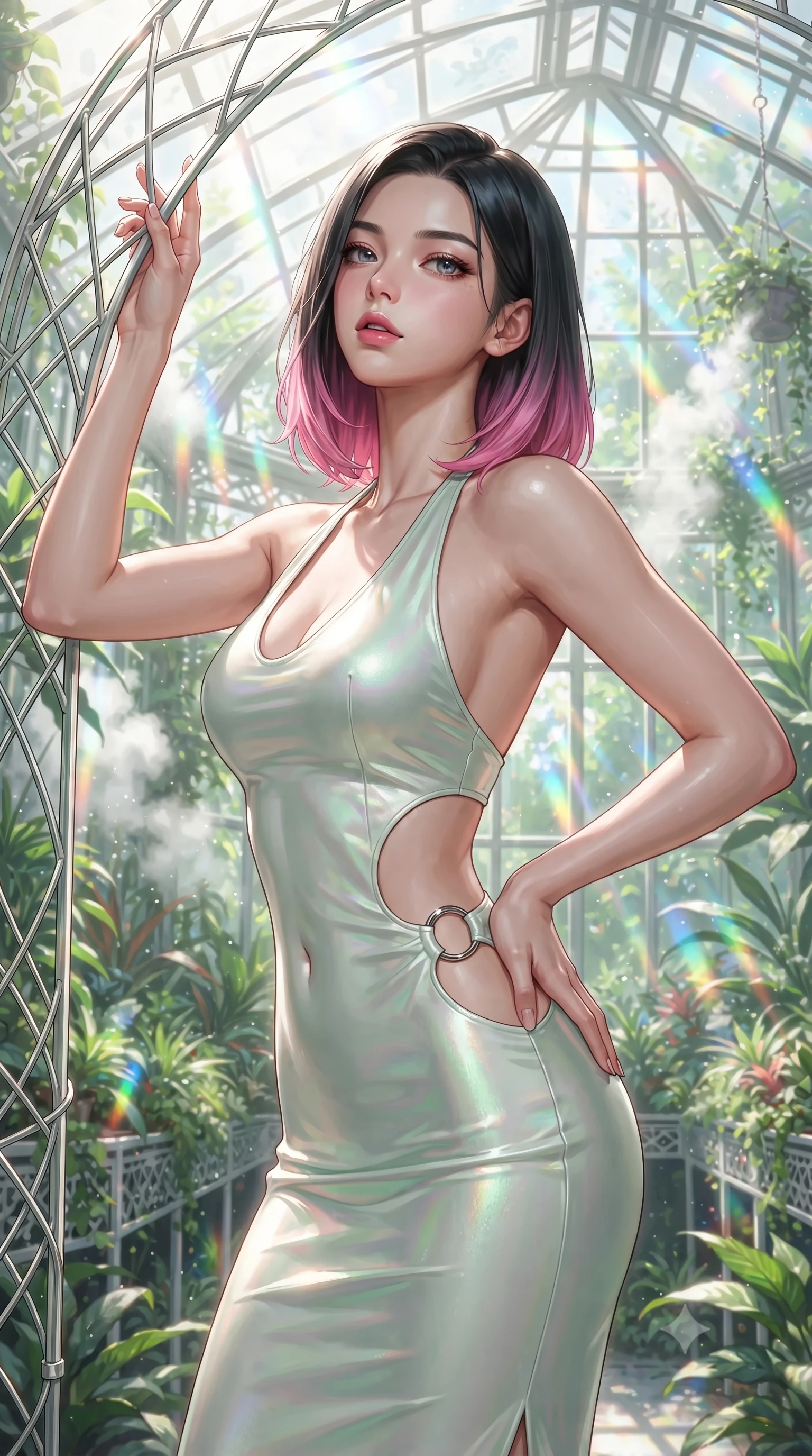 score_9, masterpiece, best quality, ultra-detailed, high-budget anime keyframe, editorial fashion photography, tasteful artistic composition, Korean woman. close-up cowboy shot from the waist and thighs up, the character dominates the composition, filling the frame with her large presence, background elements kept in soft focus. Tilting her chin up slightly with lips parted in a magnetic, composed expression forging through an overgrown greenhouse filled with platinum wire lattices, steam clouds refracting sunlight into brilliant rainbow prisms. She has an exceptionally elegant, slender, and willowy female figure with an ultra-slim waist, a gracefully sculpted slender torso, and a refined silhouette. sharp v-shaped jawline, high-bridge nose, intricate jewel-like eyes with depth, thick eyelashes, glossy lips with a natural sheen. wearing a deep-scoop halter neck bodycon dress with daring hip cutouts connected by silver rings, the tailored fabric tightly following every curve of her athletic build. surrounded by a bright, airy ambiance with radiant white and green highlights. ultra-reflective glossy finish, specular highlights, metallic sheen, high-contrast stereoscopic depth, volumetric dynamic lighting, 2k, ultra detail, master piece, 9:16 ratio