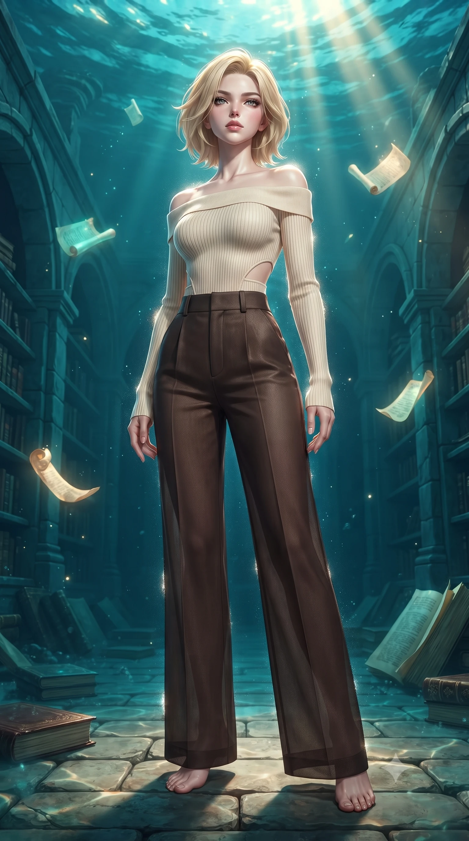 score_9, masterpiece, best quality, ultra-detailed, high-budget anime keyframe, editorial fashion photography, tasteful artistic composition, Caucasian woman. low angle full-body shot from head to toe showing her feet, filling the entire 9:16 vertical frame with her statuesque presence, stretching her vertical silhouette. navigating the luminous space with effortless poise, displaying her perfect model proportions navigating a submerged ancient library surrounded by floating glowing scrolls, golden sunbeams penetrating deep turquoise water creating caustic light patterns. She has an absolutely perfect, statuesque 8.5-heads proportion, an exceptionally tall and slender model-like female figure with impossibly long slender legs and an ultra-slim waist. sharp v-shaped jawline, high-bridge nose, intricate jewel-like eyes with depth, thick eyelashes, glossy lips with a natural sheen. wearing a sleek off-shoulder ribbed knit top paired with high-waist tailored pants in espresso brown and warm cream, woven from fine semi-opaque sheer organza, featuring clean architectural cutouts along her slender torso, the form-contouring material highlighting her ultra-slim waist and long lines. surrounded by a shimmering ocean aura with bright pearl-white rim lights. ultra-reflective glossy finish, specular highlights, metallic sheen, high-contrast stereoscopic depth, volumetric dynamic lighting, 2k, ultra detail, master piece, 9:16 ratio