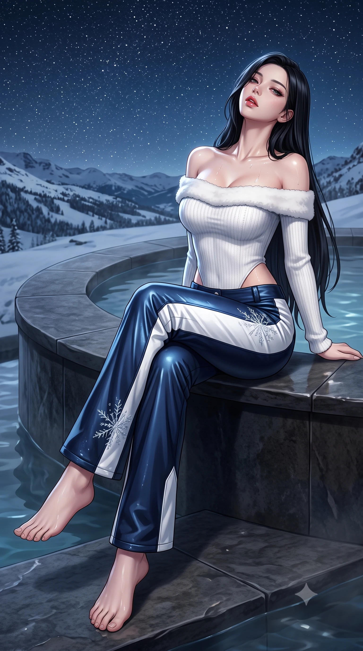 score_9, masterpiece, best quality, ultra-detailed, high-budget anime keyframe, semi-realistic 3D game render, editorial fashion photography, tasteful artistic composition, Korean woman. low angle full-body shot from head to toe showing her feet, filling the entire 9:16 vertical frame with her statuesque presence, stretching her vertical silhouette. sitting poised on the elevated edge with legs crossed and extended, her tall 8.5-heads proportions dominating the scene with effortless poise while leaning against the smooth stone pool ledge, head tilted back toward starry alpine skies with parted, glossy lips. The surrounding environment is rendered in vivid detail and crisp panoramic clarity. atmospheric nocturnal thermal chiaroscuro and private mountain hot-spring luxury in precision. She has an absolutely perfect, statuesque 8.5-heads proportion, an exceptionally tall and slender model-like female figure with impossibly long slender legs, a toned flat midriff, and an ultra-slim waist. sharp v-shaped jawline, high-bridge nose, intricate jewel-like eyes with depth, thick eyelashes, glossy parted lips with a natural sheen, intensely captivating and seductive expression, flawlessly proportioned anatomical accuracy, strict slender model proportions, natural body alignment, perfectly sculpted long slender limbs, ultra-slim waistline, clean dynamic posture without body distortion. wearing an off-shoulder white shearling-trimmed knit bodysuit paired with high-waisted metallic snow trousers in deep alpine midnight navy and snow white, tailored from water-resistant ski-tech stretch gabardine with fleece lining, finished with delicate crystal frost embroidery tracing the collarbones, the form-contouring material adhering flawlessly to her sculpted flat midriff and slender torso, emphasizing her long leg lines and perfectly proportioned willowy build. illuminated by wet specular highlights accentuating her slender neckline, sculpted waist, and curves. highly saturated vibrant anime colors, detailed shading with soft gradients, rich glossy textures, high-contrast stereoscopic depth, volumetric dynamic lighting, master piece, 9:16 ratio