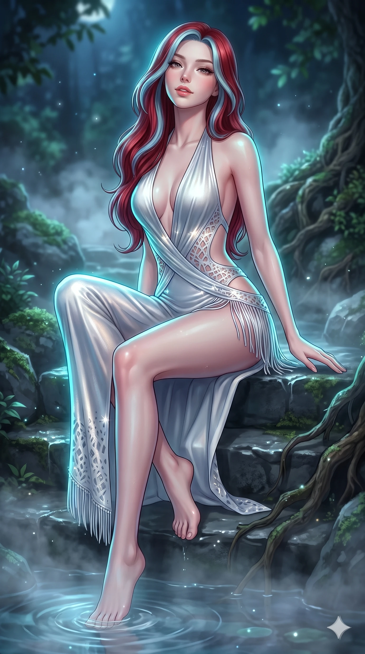 score_9, masterpiece, best quality, ultra-detailed, high-budget anime keyframe, semi-realistic 3D game render, editorial fashion photography, tasteful artistic composition, Caucasian woman. low angle full-body shot from head to toe showing her feet, filling the entire 9:16 vertical frame with her statuesque presence, stretching her vertical silhouette. sitting poised on the stone steps with one knee bent, arching her spine with supermodel elegance as she glances upward through thick eyelashes while stepping gracefully through the misty spring waters, her long slender legs and curvy hourglass hips commanding the mystical grove. The background shows a soft-focus sacred secluded mountain spring softened in nocturnal fantasy shallow focus. She has an absolutely perfect, statuesque 8.5-heads proportion, an exceptionally tall and slender model-like female figure with impossibly long slender legs, an ultra-slim waist, a flat toned midriff, narrow delicate ribcage, and beautifully sculpted feminine hips creating a graceful, slim hourglass silhouette without any bulky heaviness. sharp v-shaped jawline, high-bridge nose, sparkling eyes with hypnotic seductive depth, thick curled eyelashes, glossy parted lips with a natural dewy peach sheen, alluring bedroom-eyes with an enchanting coquettish smile, exuding magnetic siren charisma and sophisticated glamour, flawlessly proportioned anatomical accuracy, strict slender model proportions, natural body alignment, perfectly sculpted long slender limbs, ultra-slim waistline, clean dynamic posture without body distortion. wearing a backless liquid metallic lamé plunge halterneck jumpsuit with high-cut side hip cutouts in celestial pearl white and moonlight platinum, adorned with laser-cut diamond side panels revealing teasing glimpses of bare skin, finished with delicate silk fringe trim fluttering along her hip line with kinetic charm, the high-slit wrap tailoring accentuating her ultra-slim waistline and the enchanting curve of her feminine hips with alluring seductive charm. illuminated by spring water surface bounce and sharp cyan-aquamarine rim lights defining her razor-sharp jawline, narrow waist, and curvy hips. highly saturated vibrant anime colors, detailed shading with soft gradients, rich glossy textures, high-contrast stereoscopic depth, volumetric dynamic lighting, master piece, 9:16 ratio