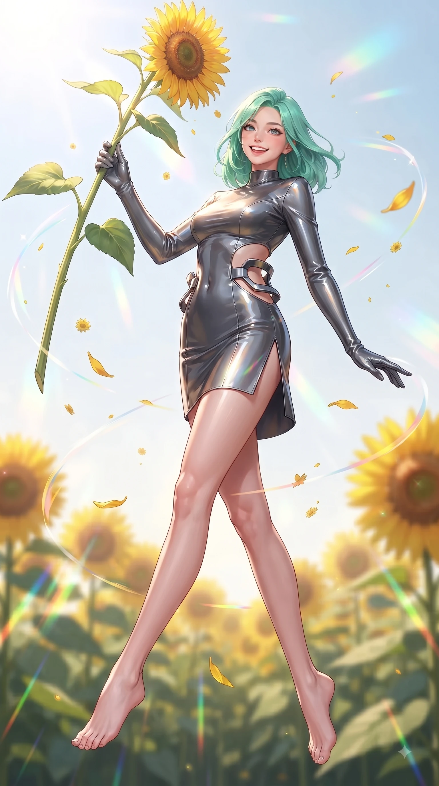 score_9, masterpiece, best quality, ultra-detailed, high-budget anime keyframe, editorial fashion photography, tasteful artistic composition, Japanese woman. low angle full-body shot from head to toe showing her feet, filling the entire 9:16 vertical frame with her statuesque presence, stretching her vertical silhouette. performing a cheerful mid-air rotation with flawless poise, her radiant smile capturing pure happy energy while reaching out to touch a towering sunflower stalk while beaming happily into the camera lens, floating flower pollen and yellow petals drifting gracefully in dynamic orbital paths. She has an absolutely perfect, statuesque 8.5-heads proportion, an exceptionally tall and slender model-like female figure with impossibly long slender legs and an ultra-slim waist. sharp v-shaped jawline, high-bridge nose, intricate jewel-like eyes with depth, thick eyelashes, glossy lips with a natural sheen, flawlessly proportioned anatomical accuracy, natural body alignment, perfectly sculpted elegant limbs, clean dynamic posture without body distortion. wearing a dramatic open-waist cutout mini dress framed by sculptural hardware in charcoal grey and platinum, tailored from high-gloss patent leather, finished with a sleek side slit ascending to mid-thigh, the glove-like fit emphasizing her statuesque silhouette during motion. illuminated by dazzling rainbow refractions and bright, cheerful ambient sky glow. ultra-reflective glossy finish, specular highlights, metallic sheen, high-contrast stereoscopic depth, volumetric dynamic lighting, 2k, ultra detail, master piece, 9:16 ratio