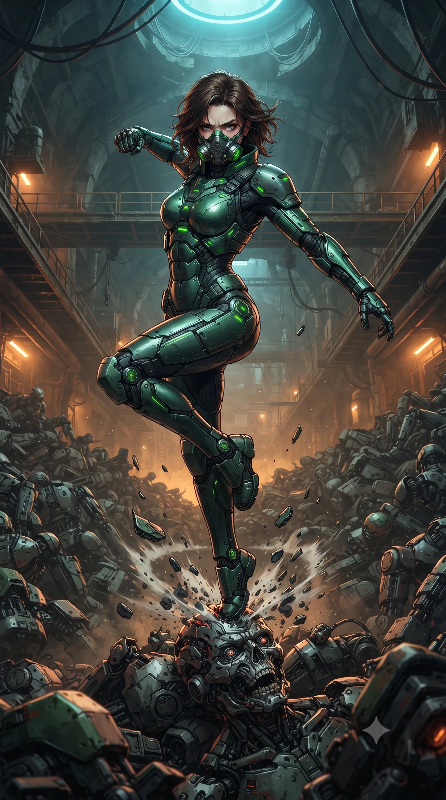score_9, masterpiece, best quality, ultra-detailed, high-budget anime keyframe, editorial fashion photography, tasteful artistic composition, Korean woman. low angle full-body shot from head to toe showing her feet, filling the entire 9:16 vertical frame with her statuesque presence, stretching her vertical silhouette. leaping into mid-air with an athletic yet alluring arch of her spine, driving a downward kinetic strike surrounded by a ring of displaced air while standing poised atop a mountain of discarded cybernetic android chassis in a vast subterranean industrial cavern. The surrounding environment is rendered in vivid detail and crisp panoramic clarity. high-contrast industrial chiaroscuro and gritty cyberpunk scrapheap aesthetics captured with sharpness. She has an absolutely perfect, statuesque 8.5-heads proportion, an exceptionally tall and slender model-like female figure with impossibly long slender legs, a toned flat midriff, and an ultra-slim waist. sharp v-shaped jawline, high-bridge nose, intricate jewel-like eyes with depth, thick eyelashes, glossy lips with a natural sheen, fierce and resolute heroine expression, flawlessly proportioned anatomical accuracy, strict slender model proportions, natural body alignment, perfectly sculpted long slender limbs, ultra-slim waistline, clean dynamic posture without body distortion. wearing a sleek titanium half-face combat rebreather guard protecting her lower jaw while leaving her expressive eyes and long hair flowing freely, paired with a heavy modular carbon-fiber combat cuirass paired with a second-skin tactical leotard and reinforced titanium shoulder pauldrons in toxic emerald green carbon composite with glowing lime warning channels, made of lightweight aerodynamic carbon-titanium alloy with precision-beveled armor seams, featuring a sleek aerodynamic collar framed by subtle glowing cybernetic status LEDs, the sleek second-skin cut tightly hugging her graceful clavicle, narrow waist, and feminine curves with athletic precision. bathed in atmospheric amber emergency lighting and pulsing cyan sonar crown glow. ultra-reflective glossy finish, specular highlights, dark metallic sheen, high-contrast stereoscopic depth, volumetric dynamic lighting, 2k, ultra detail, master piece, 9:16 ratio