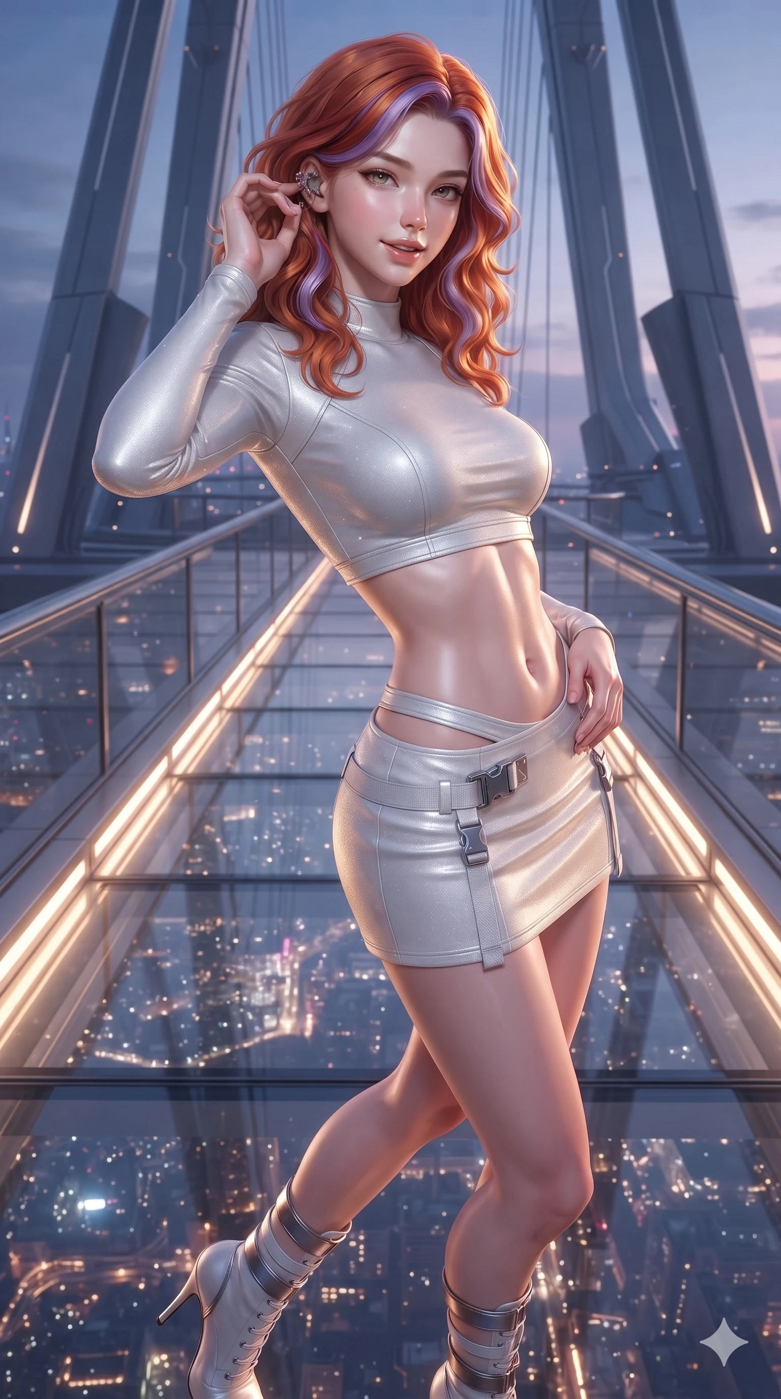 score_9, masterpiece, best quality, ultra-detailed, high-budget anime keyframe, editorial fashion photography, tasteful artistic composition, Caucasian woman. close-up cowboy shot from the waist and thighs up, the character dominates the composition, filling the frame with her large presence. arching her spine with dancer poise, one hand adjusting her ear comm-link in a flirtatious S-curve with parted glossy lips while twisting her slender torso in an alluring contrapposto stance, shimmering city light reflections tracing her narrow waist and curvy hips through the transparent glass floor. The surrounding environment is rendered in vivid detail and crisp panoramic clarity: detailed haute-couture tactical catsuit tailoring, polished chrome buckle hardware, and monumental futuristic bridge architecture in razor-sharp precision. She has an exceptionally elegant, slender, and willowy female figure with an ultra-slim waist, flat toned midriff, narrow ribcage, and sculpted feminine hips creating an alluring, slim hourglass silhouette without bulk. sharp v-shaped jawline, high-bridge nose, intricate jewel-like sparkling eyes with depth, thick eyelashes, glossy parted lips with a natural sheen, bright confident smile with an enchanting and coquettish sensual glint, exuding both youthful magnetic charm and sovereign high-tech allure, flawlessly proportioned anatomical accuracy, strict slender model proportions, natural body alignment, perfectly sculpted long slender limbs, ultra-slim waistline, clean dynamic posture without body distortion. wearing a body-hugging modern carbon-alloy crop top paired with a low-rise tactical skirt and a subtle waist cut-out in pure alabaster white and brushed silver accents, woven from stretch metallic lurex jersey casting radiant starlight glints across her curves, complemented by strappy stiletto combat boots with metallic ankle wraps accentuating her slender calves, the form-contouring cut accentuating her sculpted flat midriff, narrow delicate ribcage, and gracefully curvy hips with cybernetic supermodel precision. bathed in the ethereal twilight skyglow combined with warm under-rail LED strip lighting and glittering city reflections from below. ultra-reflective glossy finish, specular highlights, rich textural contrasts, high-contrast stereoscopic depth, volumetric dynamic lighting, 2k, ultra detail, master piece, 9:16 ratio
