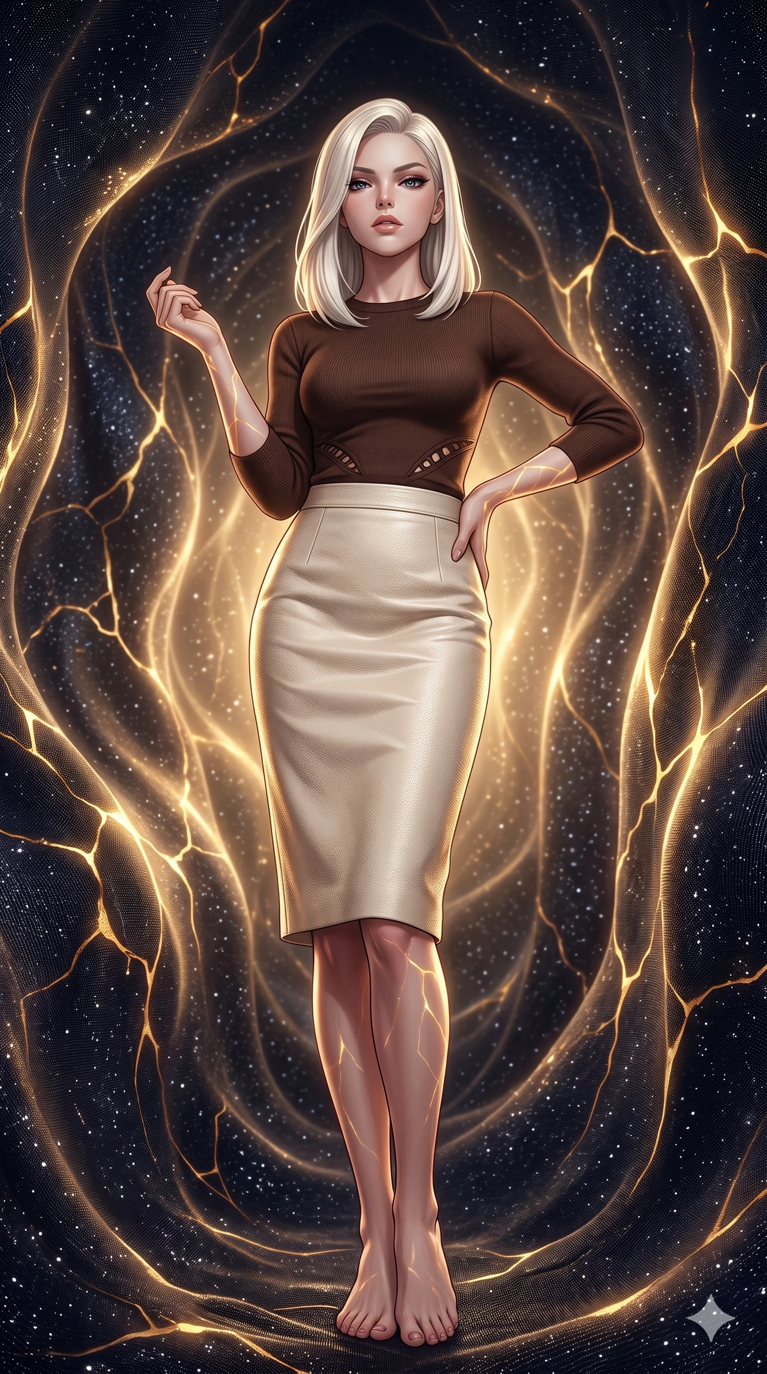 score_9, masterpiece, best quality, ultra-detailed, high-budget anime keyframe, editorial fashion photography, tasteful artistic composition, Caucasian woman, strictly human ears. low angle full-body shot from head to toe showing her feet, filling the entire 9:16 vertical frame with her statuesque presence, stretching her vertical silhouette. striking a commanding pose within a chamber woven entirely from visible dark matter that shimmers like the darkest silk threaded with captured starlight the walls undulating slowly like cosmic fabric breathing in gravitational waves. She has a statuesque 8.5-heads proportion, an exceptionally tall, slender and willowy model-like build with impossibly long legs and a highly sculpted ultra-slim waist. sharp v-shaped jawline, high-bridge nose, intricate jewel-like eyes with depth, thick eyelashes, glossy lips with a natural sheen. wearing a chocolate brown knit top with a subtle waist-cutout detailing, paired with a cream leather pencil skirt. glowing kintsugi gold light radiating from cracks in the environment creating a majestic inner glow. 2k, ultra detail, master piece, 9:16 ratio