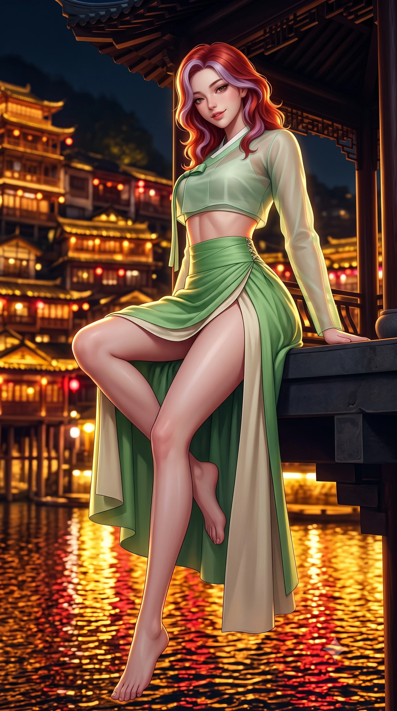 score_9, masterpiece, best quality, ultra-detailed, high-budget anime keyframe, semi-realistic 3D game render, editorial fashion photography, tasteful artistic composition, Caucasian woman. low angle full-body shot from head to toe showing her feet, filling the entire 9:16 vertical frame with her statuesque presence, stretching her vertical silhouette. sitting perched on the elevated pavilion terrace edge with legs crossed and hips angled toward the camera, displaying her toned midriff and long slender limbs with joyful, coquettish charm while twisting her slender torso in an alluring S-curve, thousands of warm golden lights reflecting off the Yangtze River below her curves. The background shows a soft-focus tiers of intricately stacked wooden stilt houses illuminated in blazing gold and crimson blurred into amber, gold, and ruby bokeh. She has an absolutely perfect, statuesque 8.5-heads proportion, an exceptionally tall and slender model-like female figure with impossibly long slender legs, an ultra-slim waist, a flat toned midriff, narrow delicate ribcage, and beautifully sculpted feminine hips creating a graceful, slim hourglass silhouette without any bulky heaviness. sharp v-shaped jawline, high-bridge nose, intricate jewel-like dark sparkling almond eyes with depth, thick lashes, glossy parted lips with a natural rose-plum sheen, bright alluring and coquettish smile with bedroom-eyes, exuding both timeless oriental elegance and sovereign high-fashion allure, flawlessly proportioned anatomical accuracy, strict slender model proportions, natural body alignment, perfectly sculpted long slender limbs, ultra-slim waistline, clean dynamic posture without body distortion. wearing a cropped semi-sheer silk organza jeogori top paired with an ultra-high-waisted wrapped chima skirt featuring a dramatic thigh-high side slit in fresh bamboo emerald and soft oatmeal cream, tailored from smooth celadon raw silk with natural organic slub texture, finished with criss-cross back satin laces tracing her slender spine, the form-fitting tailored bodice adhering flawlessly to her sculpted flat midriff and slender torso, emphasizing her long leg lines and perfectly proportioned willowy build. illuminated by dark river surface reflection bounce and sharp gold rim lighting sculpting her razor-sharp jawline, narrow waist, and curvy hips. highly saturated vibrant anime colors, detailed shading with soft gradients, rich glossy textures, high-contrast stereoscopic depth, volumetric dynamic lighting, master piece, 9:16 ratio
