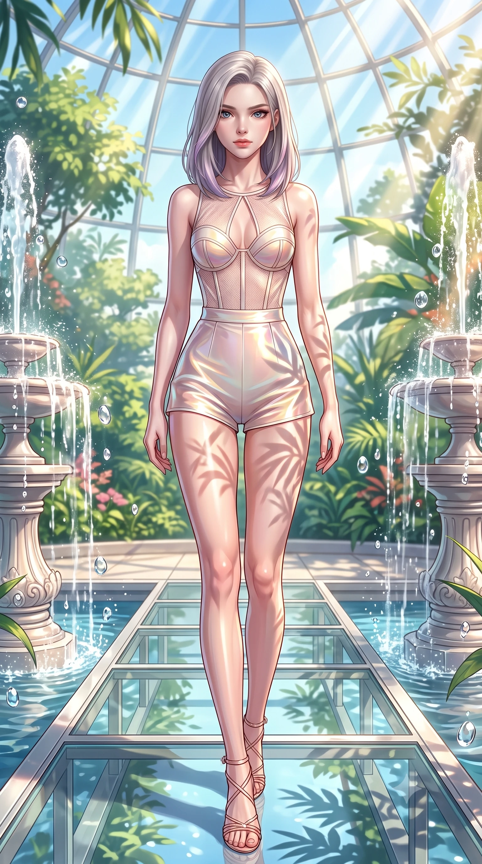 score_9, masterpiece, best quality, ultra-detailed, high-budget anime keyframe, editorial fashion photography, tasteful artistic composition, Caucasian woman. low angle full-body shot from head to toe showing her feet, filling the entire 9:16 vertical frame with her statuesque presence, stretching her vertical silhouette. navigating the luminous space with effortless poise, displaying her perfect model proportions walking along a platinum-framed glass walkway in a sunlit botanical dome, translucent water droplets cascading down platinum fountains. She has an absolutely perfect, statuesque 8.5-heads proportion, an exceptionally tall and slender model-like female figure with impossibly long slender legs and an ultra-slim waist. sharp v-shaped jawline, high-bridge nose, intricate jewel-like eyes with depth, thick eyelashes, glossy lips with a natural sheen. wearing a delicate see-through mesh top with structured cup boning and micro-shorts in pearl white and rose gold, crafted from iridescent chiffon that shifts colors in the light, accented with a Tasteful chest slit framing her clavicle gracefully, the form-contouring material highlighting her ultra-slim waist and long lines. illuminated by brilliant sunbeams casting organic leaf stencil shadows. highly saturated vibrant anime colors, detailed shading with soft gradients, rich glossy textures, high-contrast stereoscopic depth, volumetric dynamic lighting, master piece, 9:16 ratio